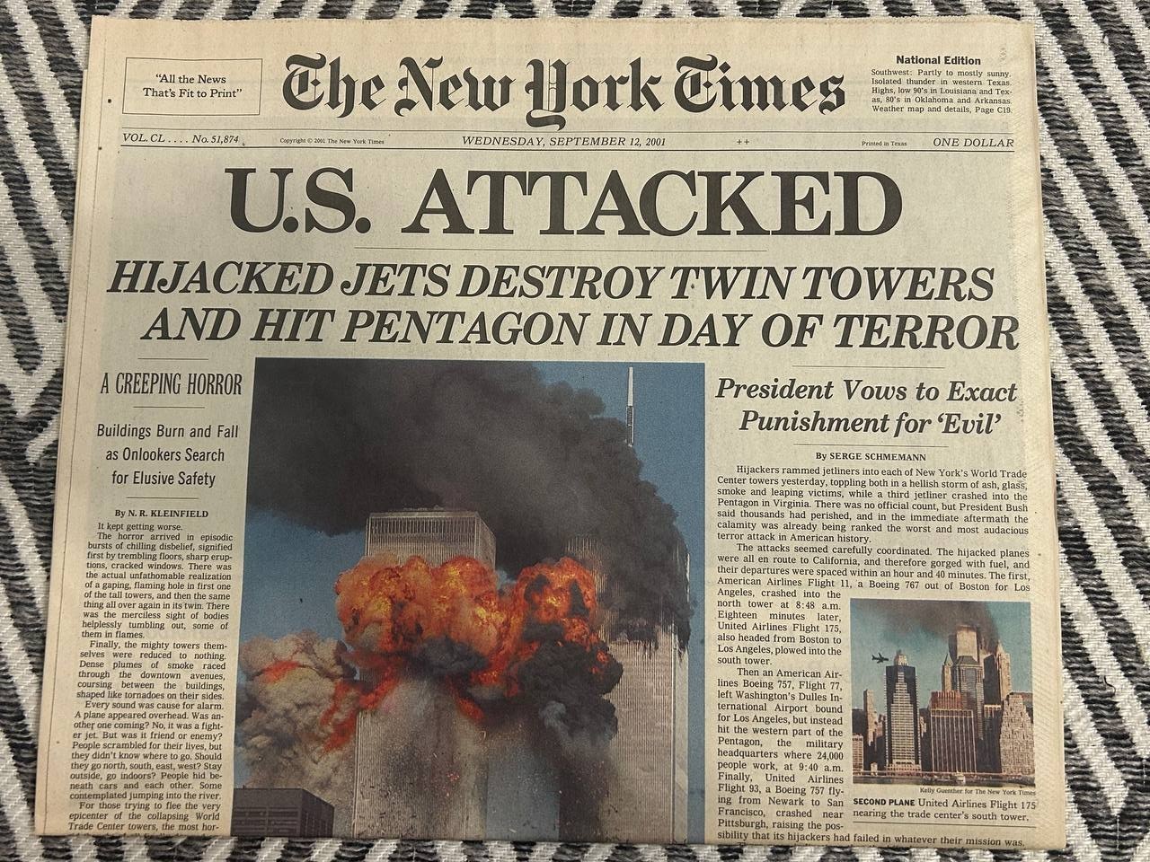 New York Times Sept 12 2001 9/11 Attacks Front Page Original Newspaper