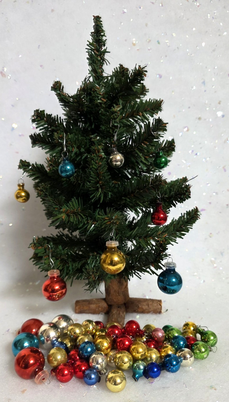 12 Inch Tree with 58 +8 Total Lot of 66 Miniature Glass Feather Tree Ornaments