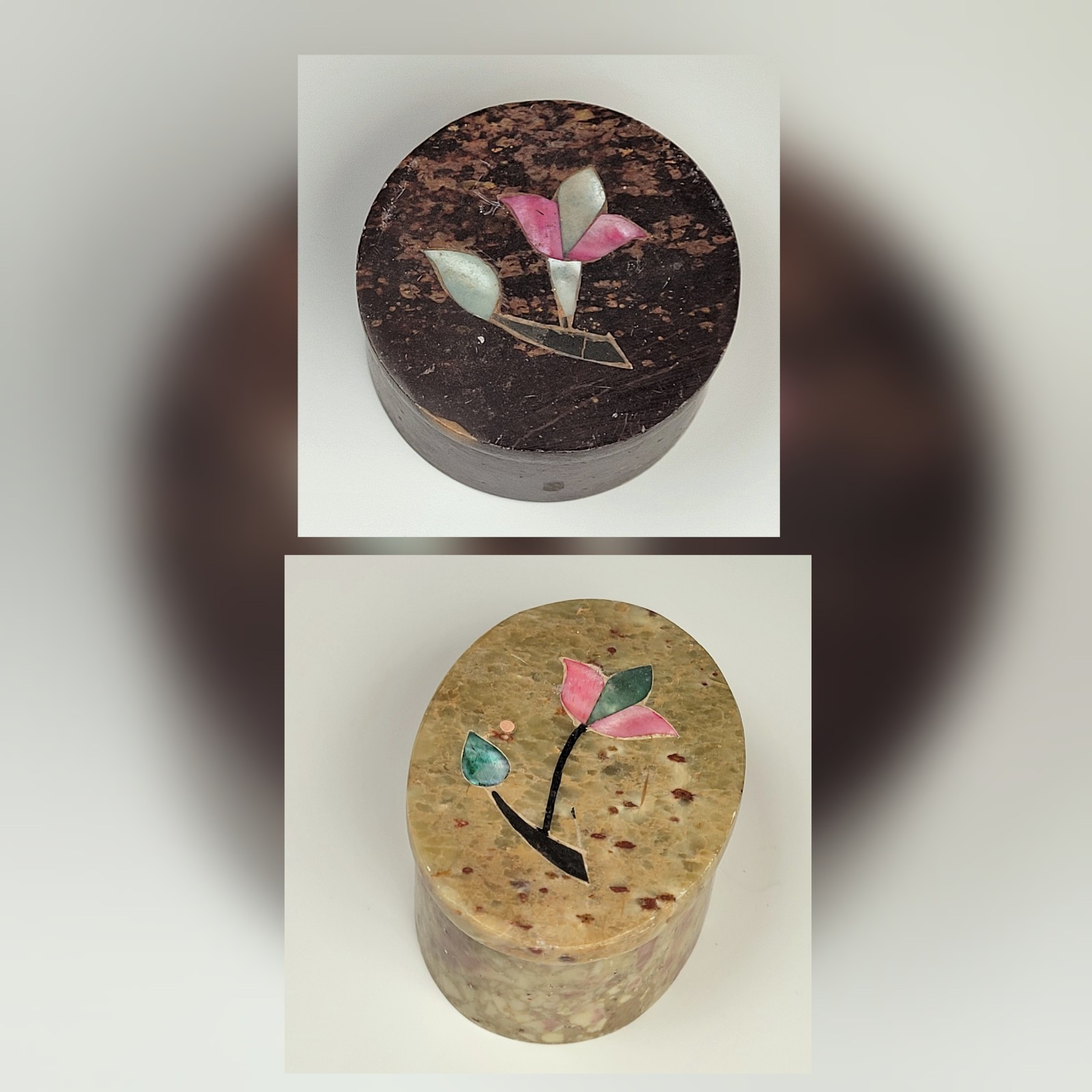 Trinket Box Pair of 2 Stone with Floral Inlay 1 Oval and (1 Round 2.5″ x 1.75″H)