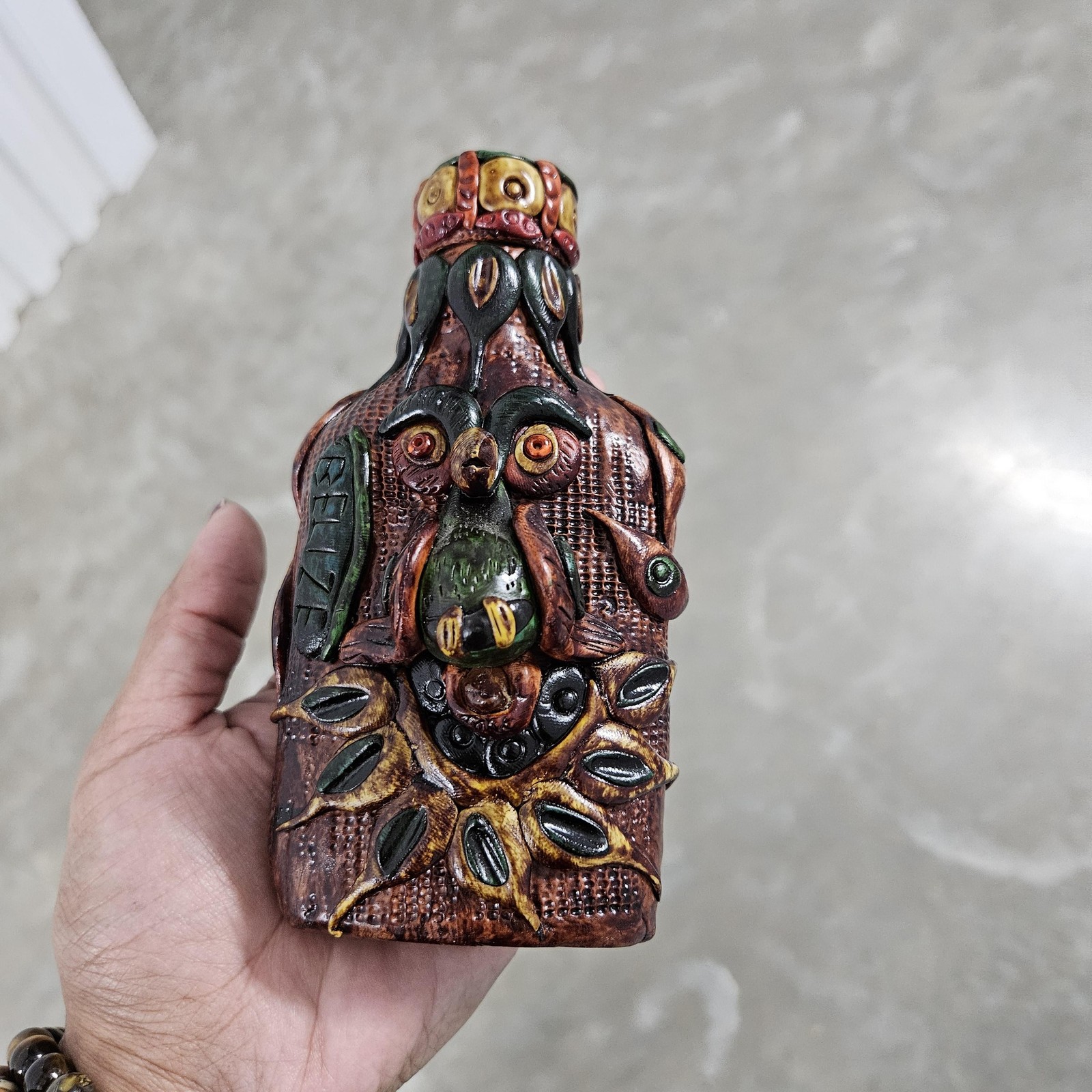 Handmade Belize Carved Wood Parrot Decorative Bottle Brown Green Small Souvenir