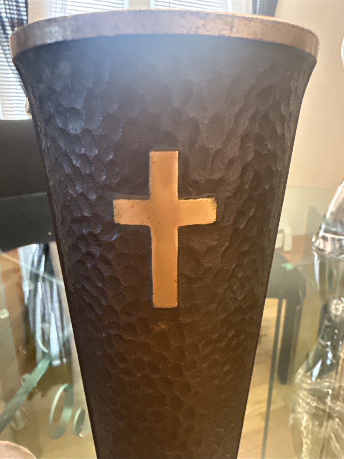 1 Solid Hammered Bronze Cemetery Memorial Flower Vase *Heavy *Cross *Dark Brown