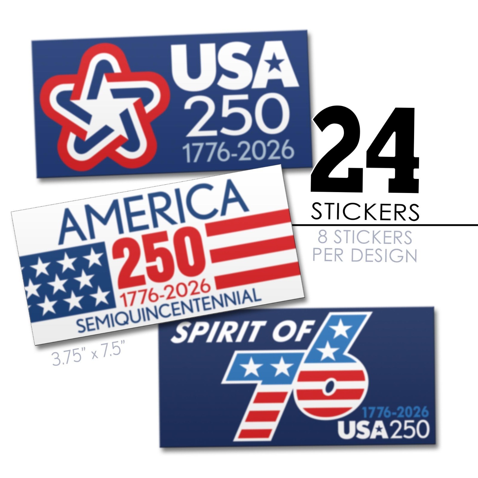 USA Bumper Stickers – 3 Designs – America, Semiquincentennial, 250 Freedom