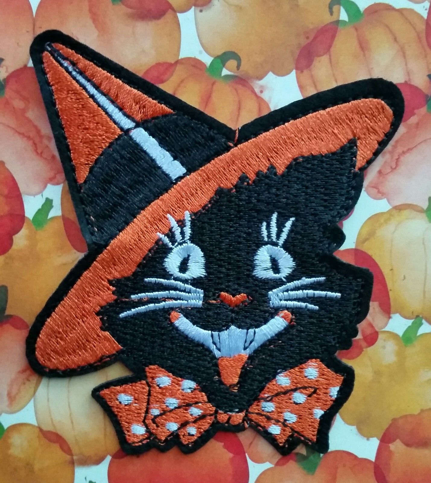 Halloween Classic Black Cat with Hat embroidered Patch Vintage Beistle style