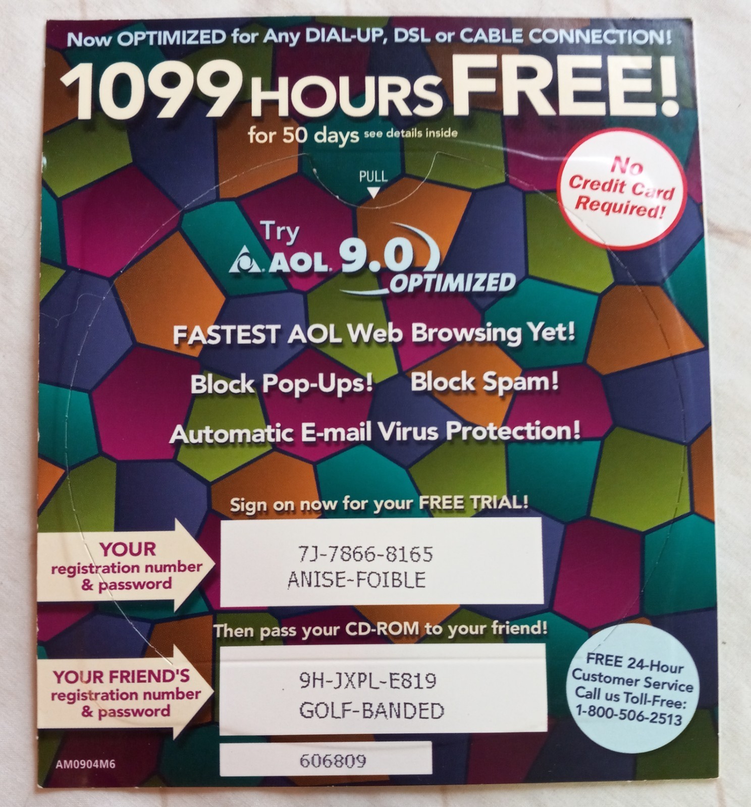 AOL disc, internet access, setup disk, 9.0 optimized. RARE, Stained Glass.