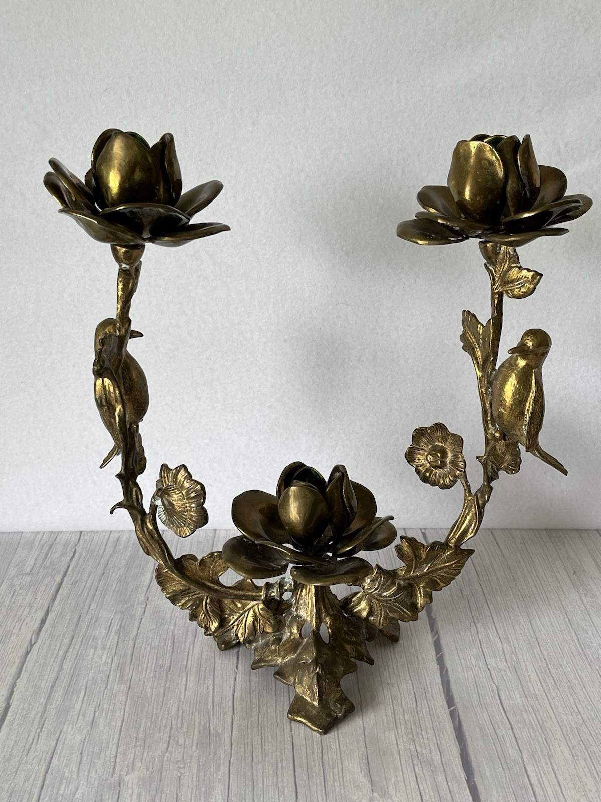 Vintage Birds on a Branch Roses Candelabra Brass Gold Candle Holder Art Nouveau