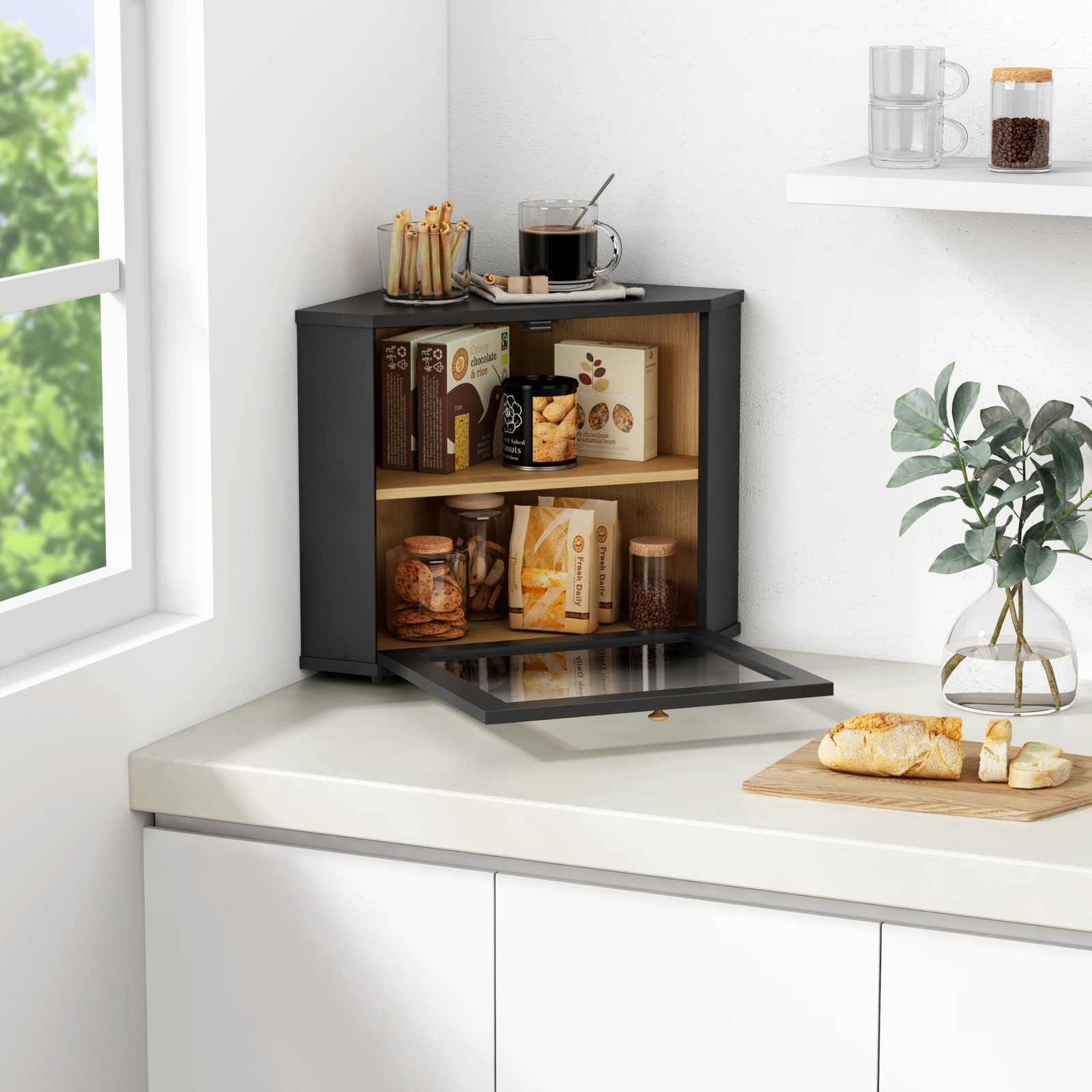 Corner Bread Box for Kitchen Countertop, Black Bread Storage Container for Ho…