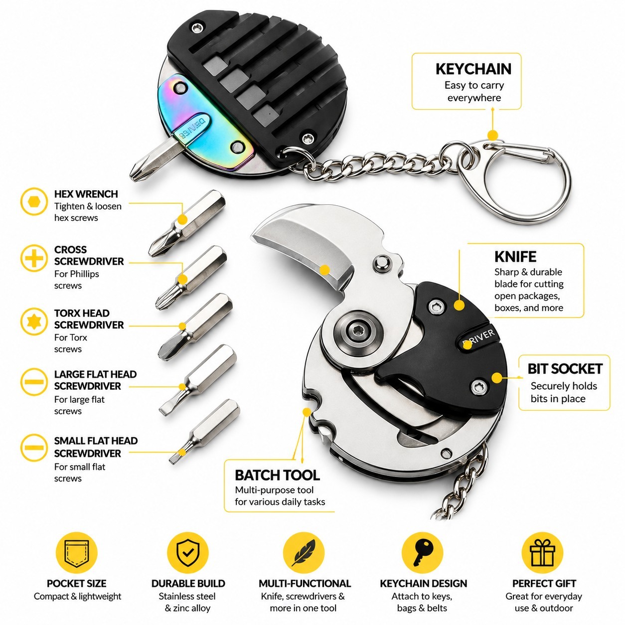 Mini EDC Folding Utility Knife Screwdriver Bit Set Keychain Multi Repair Tool