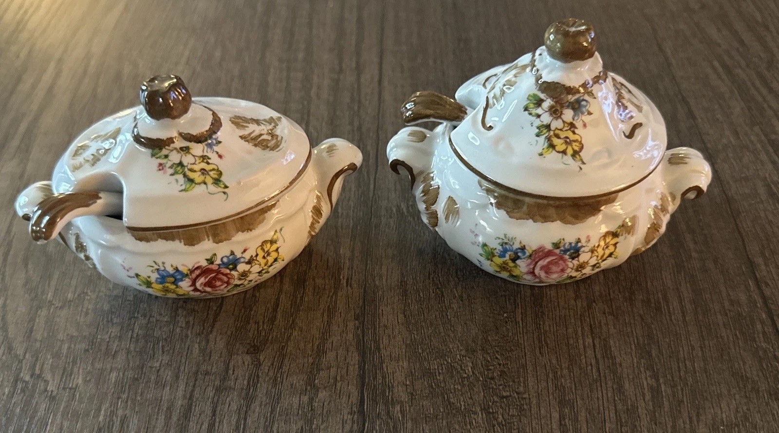 Vintage Sugar Bowls One Round and one Oval with spoons- Set of Two