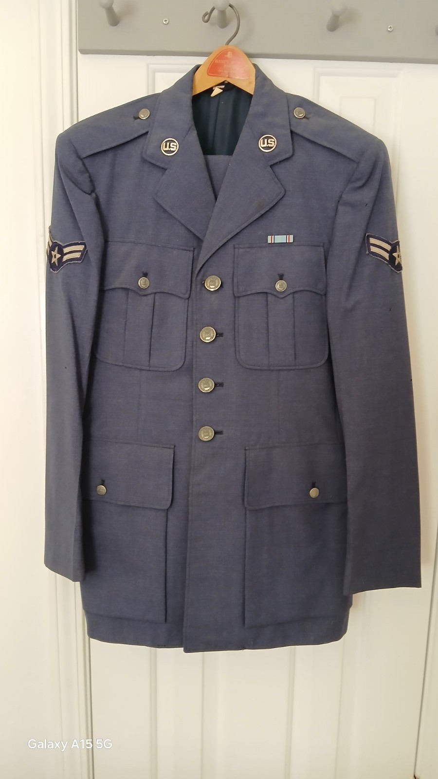 VTG USAF 60s Suit Jacket Sz 36L, Trousers 28×33 100% Wool W/ Good Conduct Medal