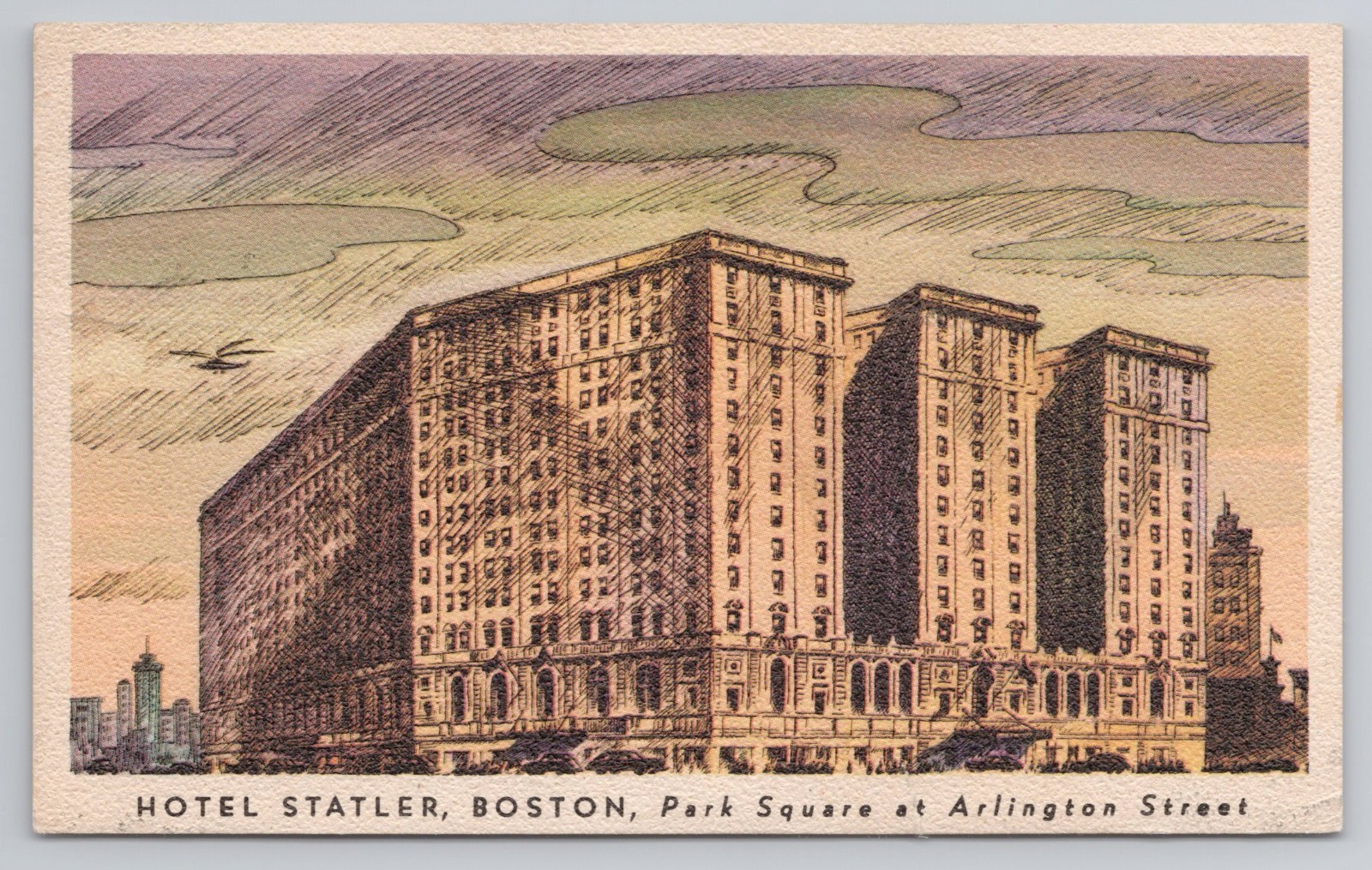 Boston Massachusetts Hotel Statler Park Square Hand-Colored 1946 Linen Postcard