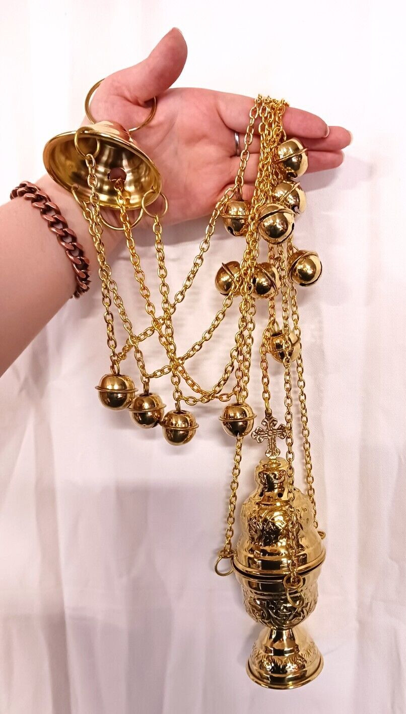 High Polished Brass Hanging Conical Incense Burner Censer With Bells 30 In