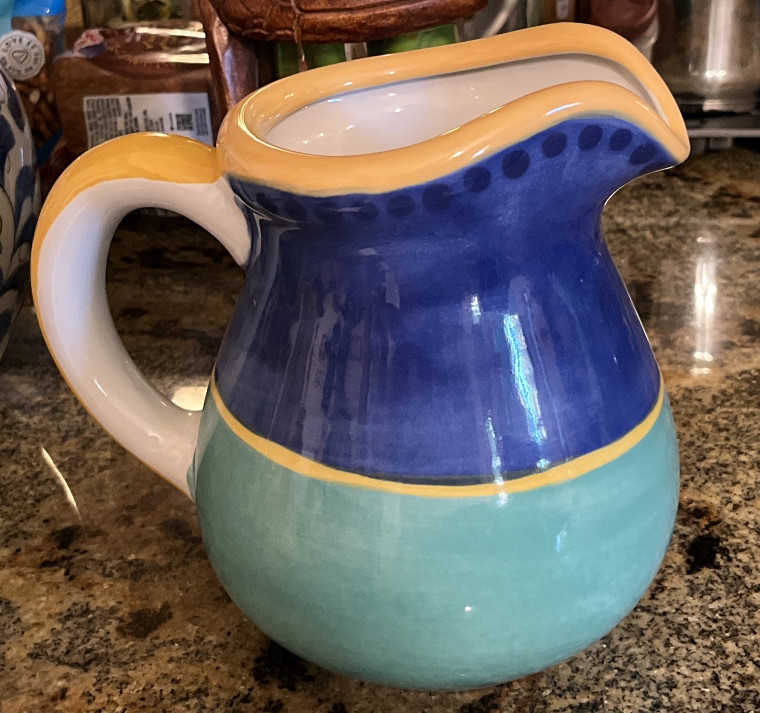 Epoch Ceramic Pitcher, 8”, 72 Ounce Capacity, Blue/Teal/Yellow, Indonesia