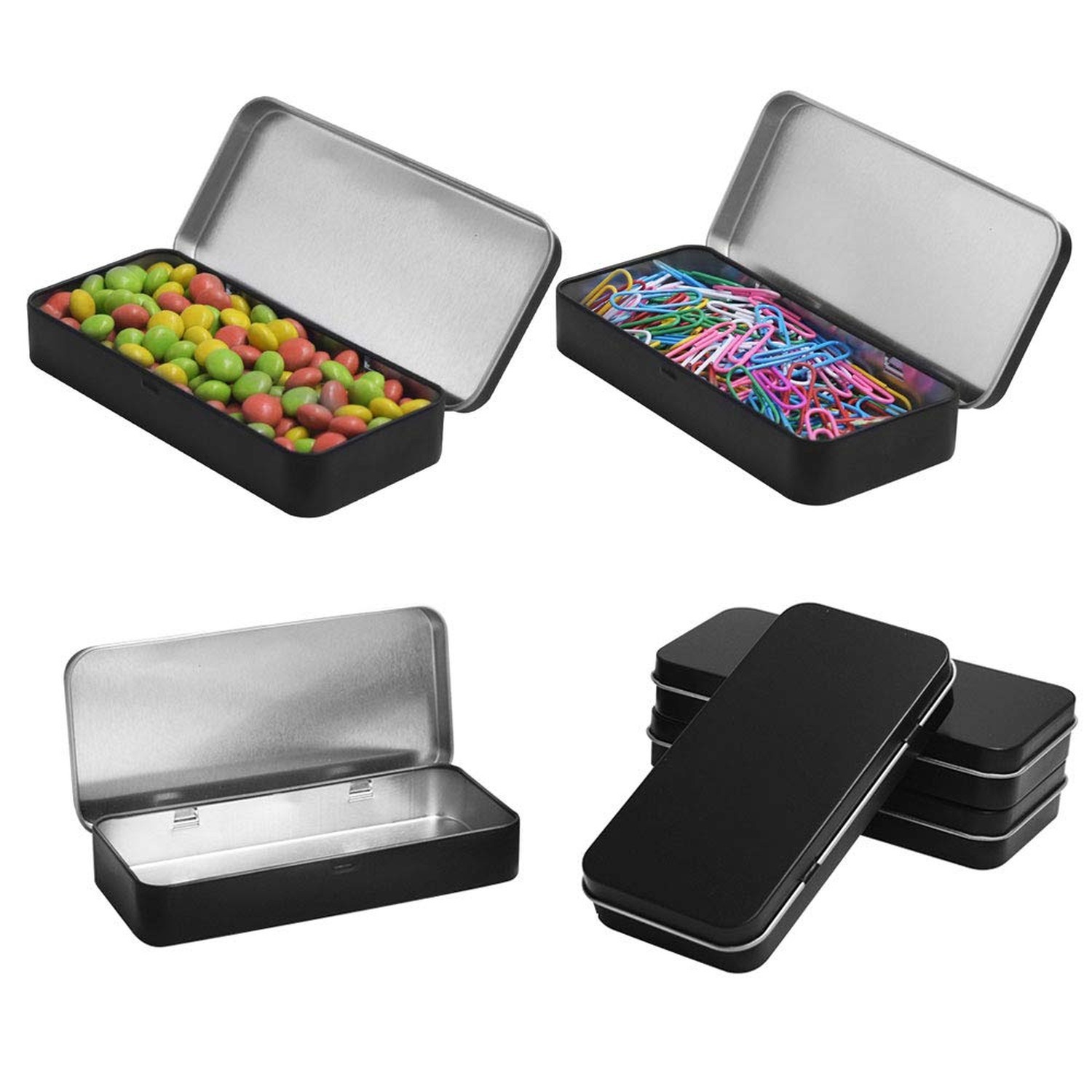 Gere 4 Pack Metal Rectangular Hinged Tin Boxes with Lid, Black Metal Containe…