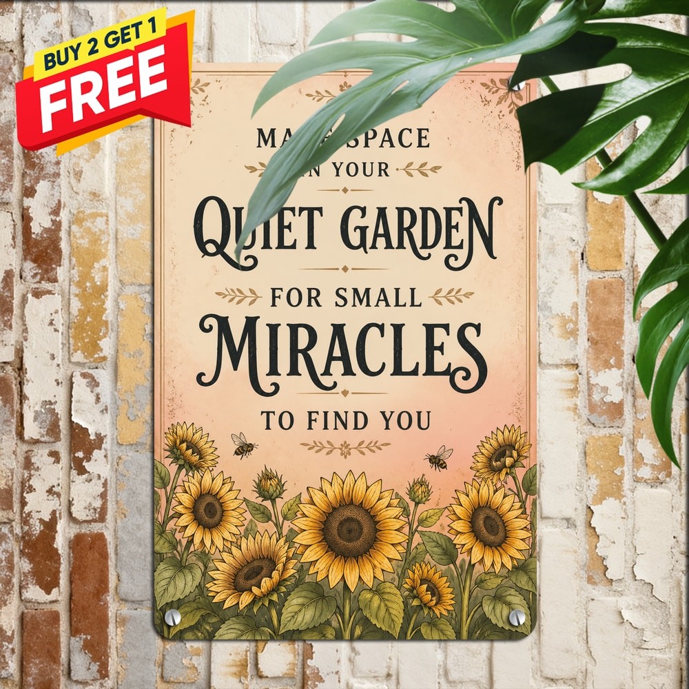 Sunflower Border Illustration Centered Typography Garden Quote Metal Tin Sign