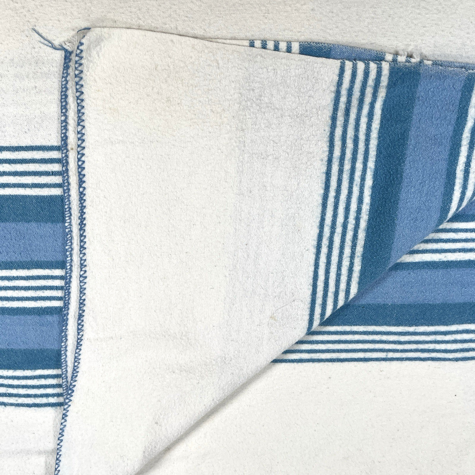 Vtg Thick Cotton Flannel Camp Blanket Full Size 81″ x 91″ Blue Stripes EUC