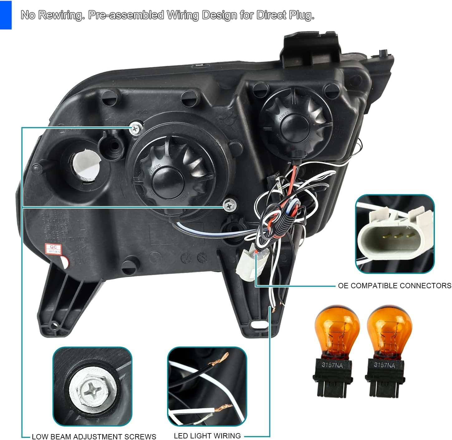 Jet Black LED Projector Headlights Compatible with 2010-2014 Ford Mustang, Left