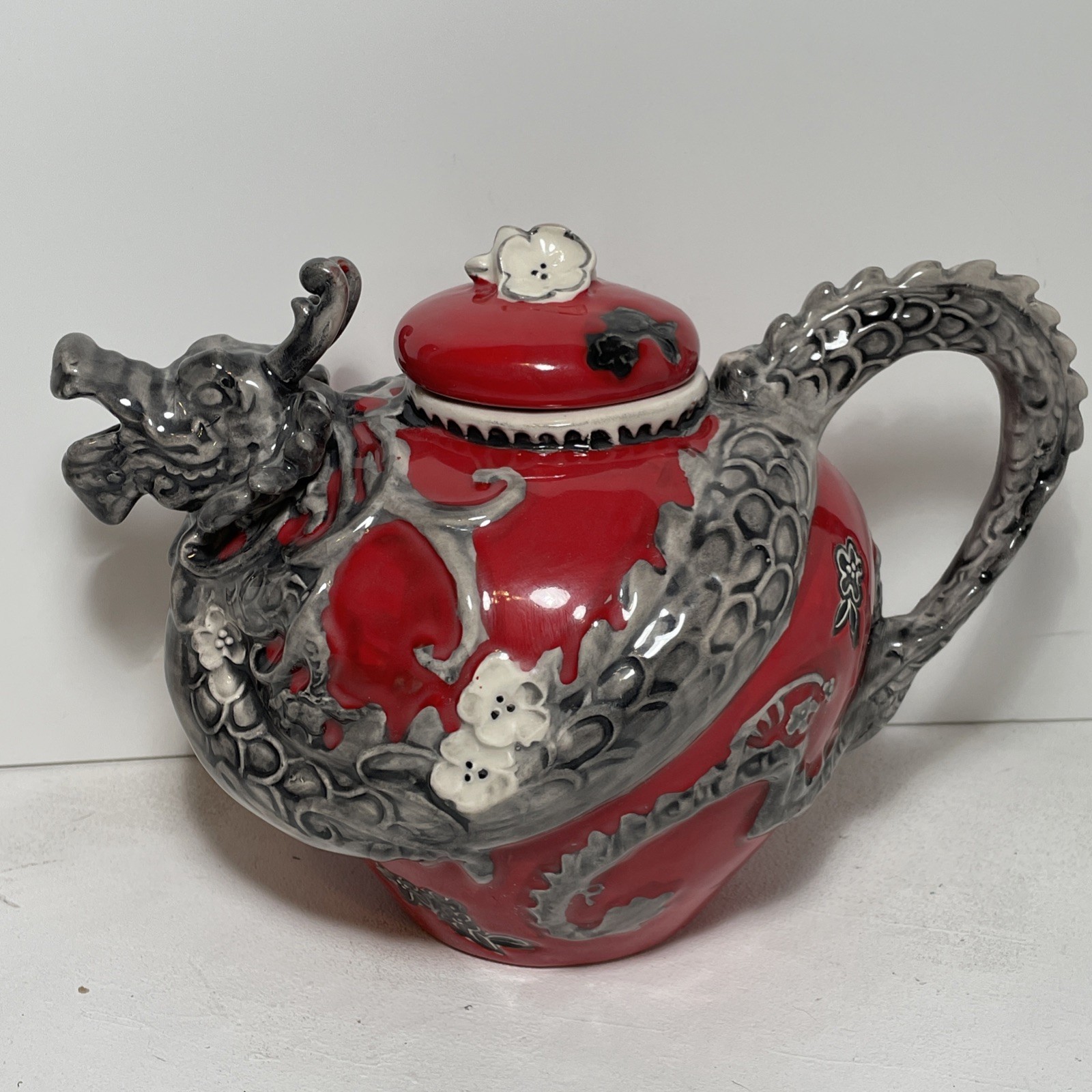 BLUE SKY Heather Goldminc Ornate Ceramic Dragon Teapot Red/white/gray Floral