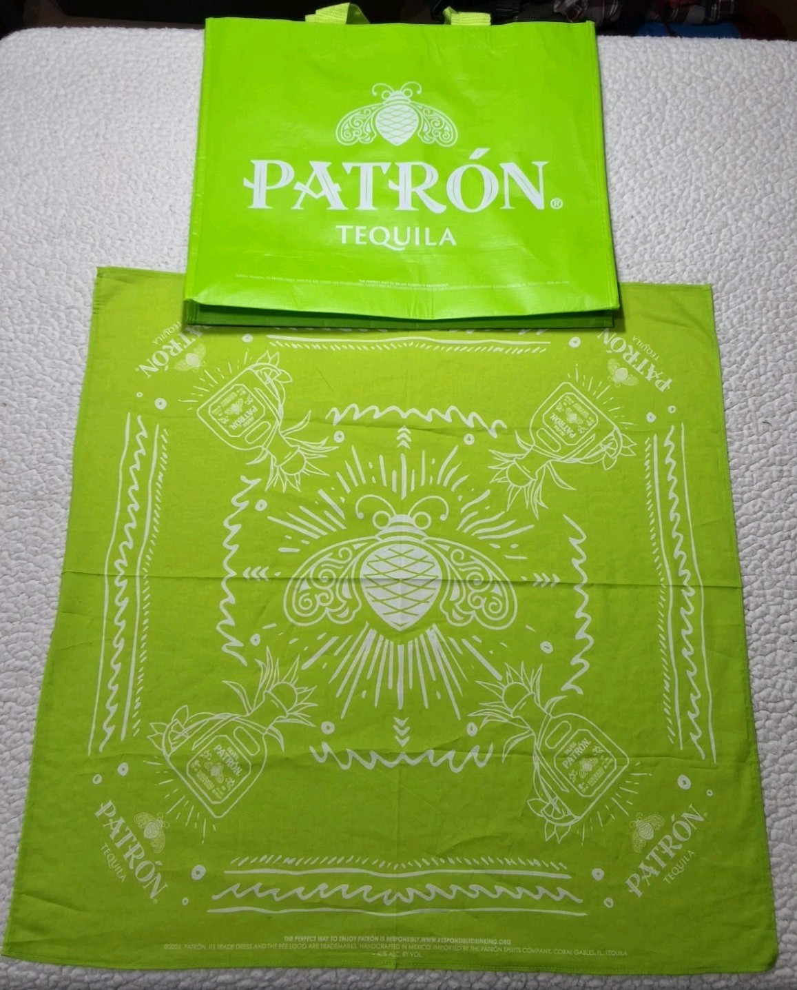 Patron Tequila Branded Bandana & Swag Tote Bag 15″ x 12″ x 6″ Bright Green NEW