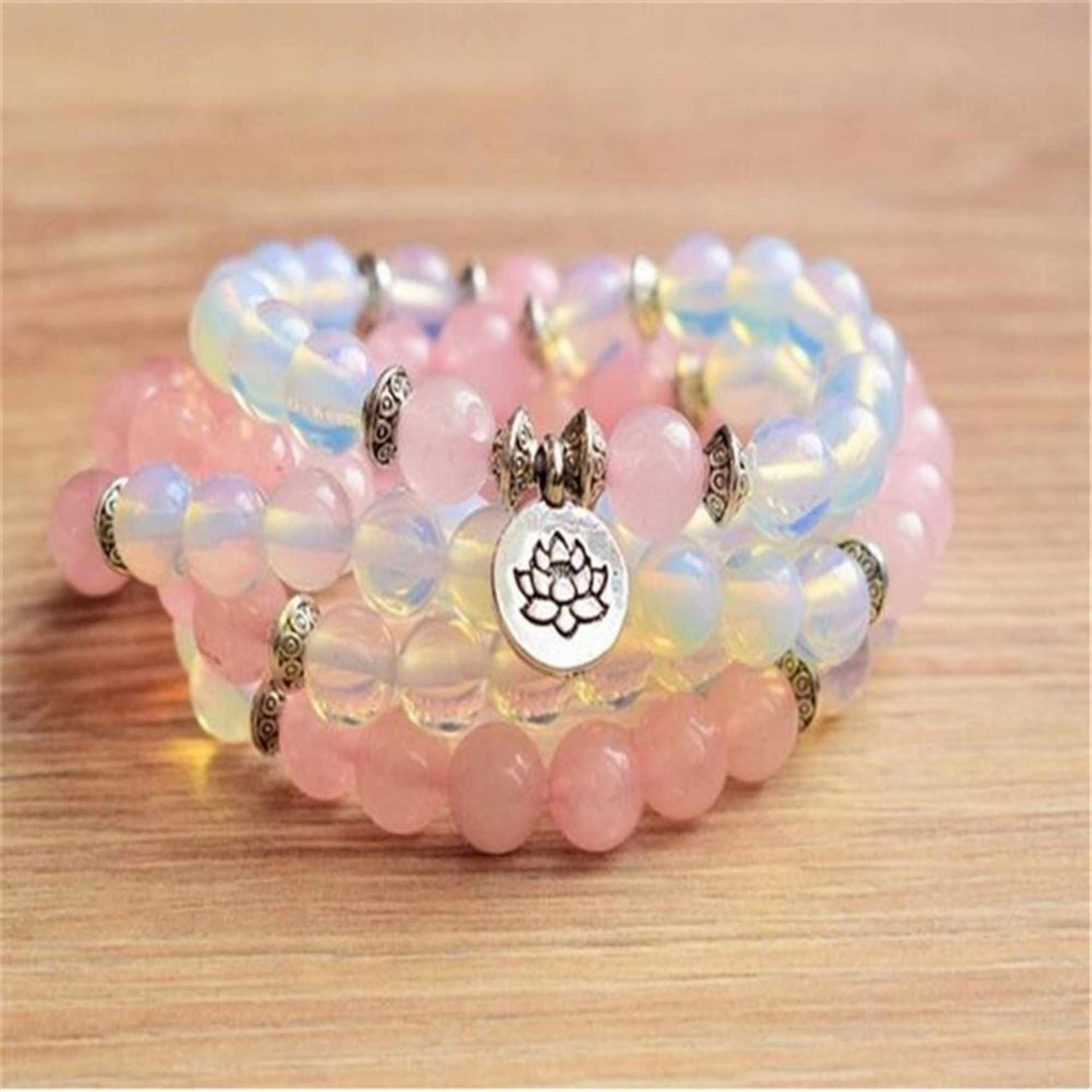 Natural 8mm Pink Crystal Opal Lotus Men’s 108 Bead Mala Bracelet Charm Zen
