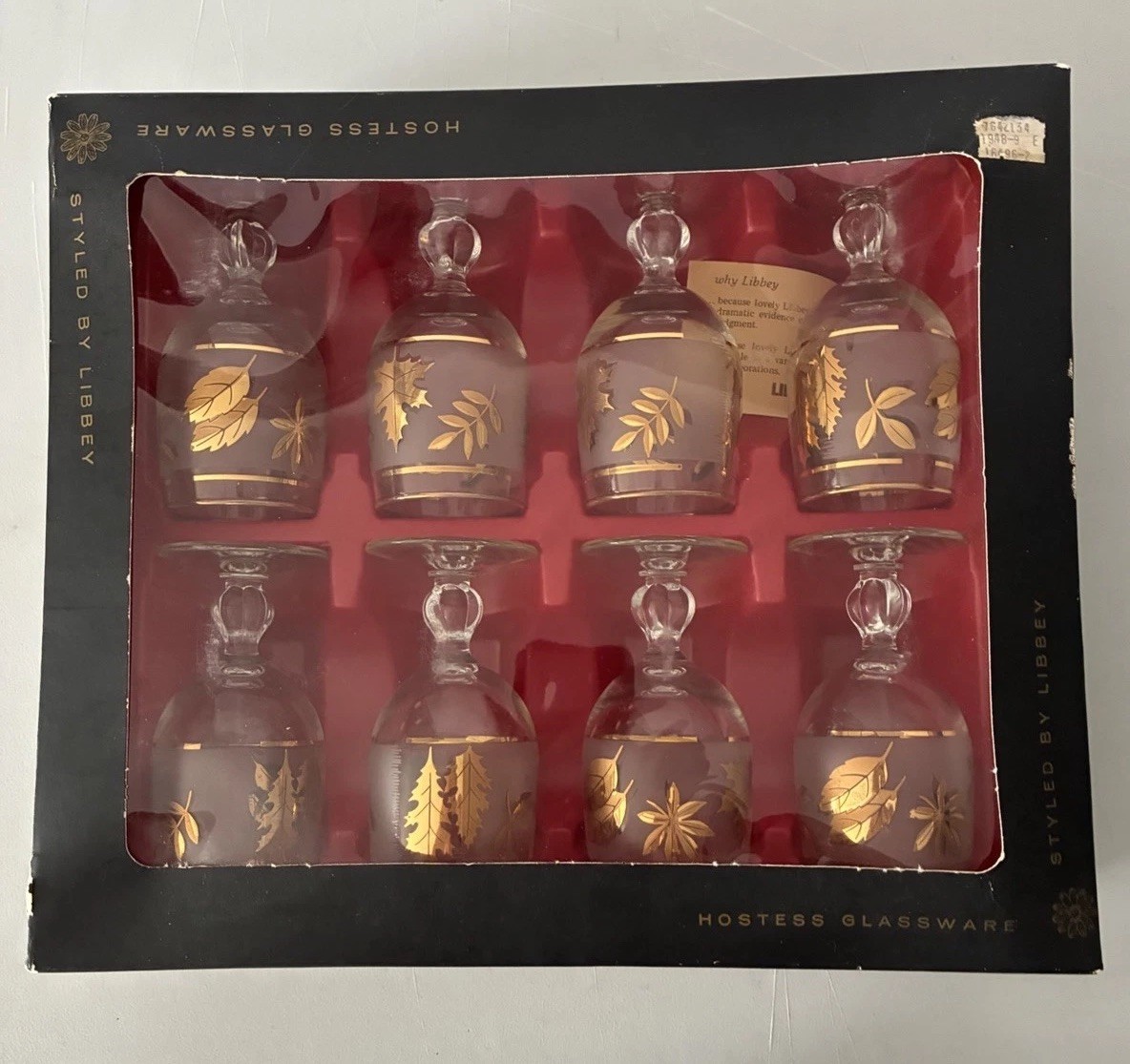 Vintage Libbey Cordial Gold Leaf Wine Glasses Set of 8 with original packaging
