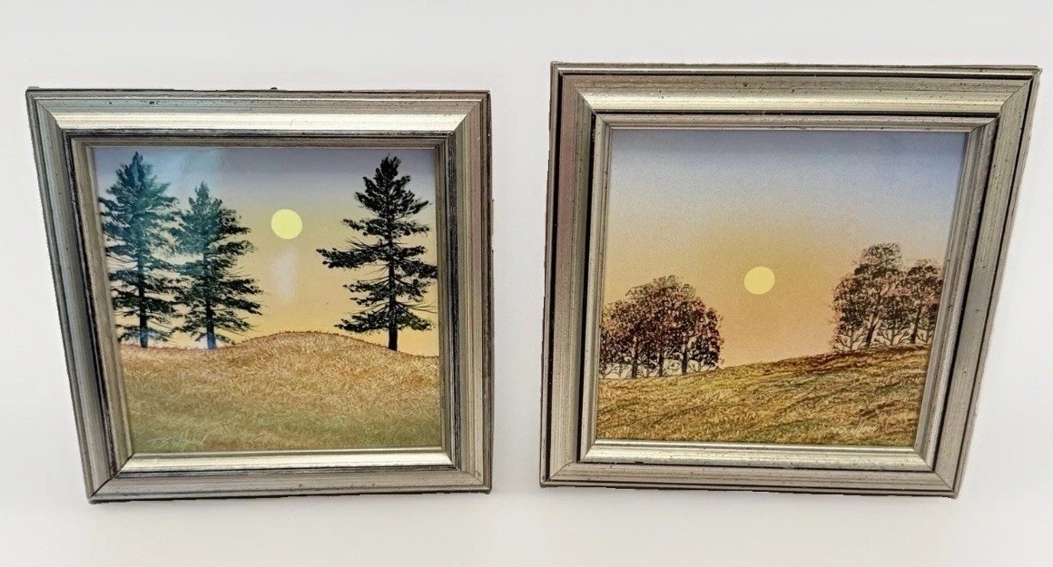 Frank S. Wilson Hand Painted Ceramic Tile Wall Art Moon Landscape Lodge USA VTG