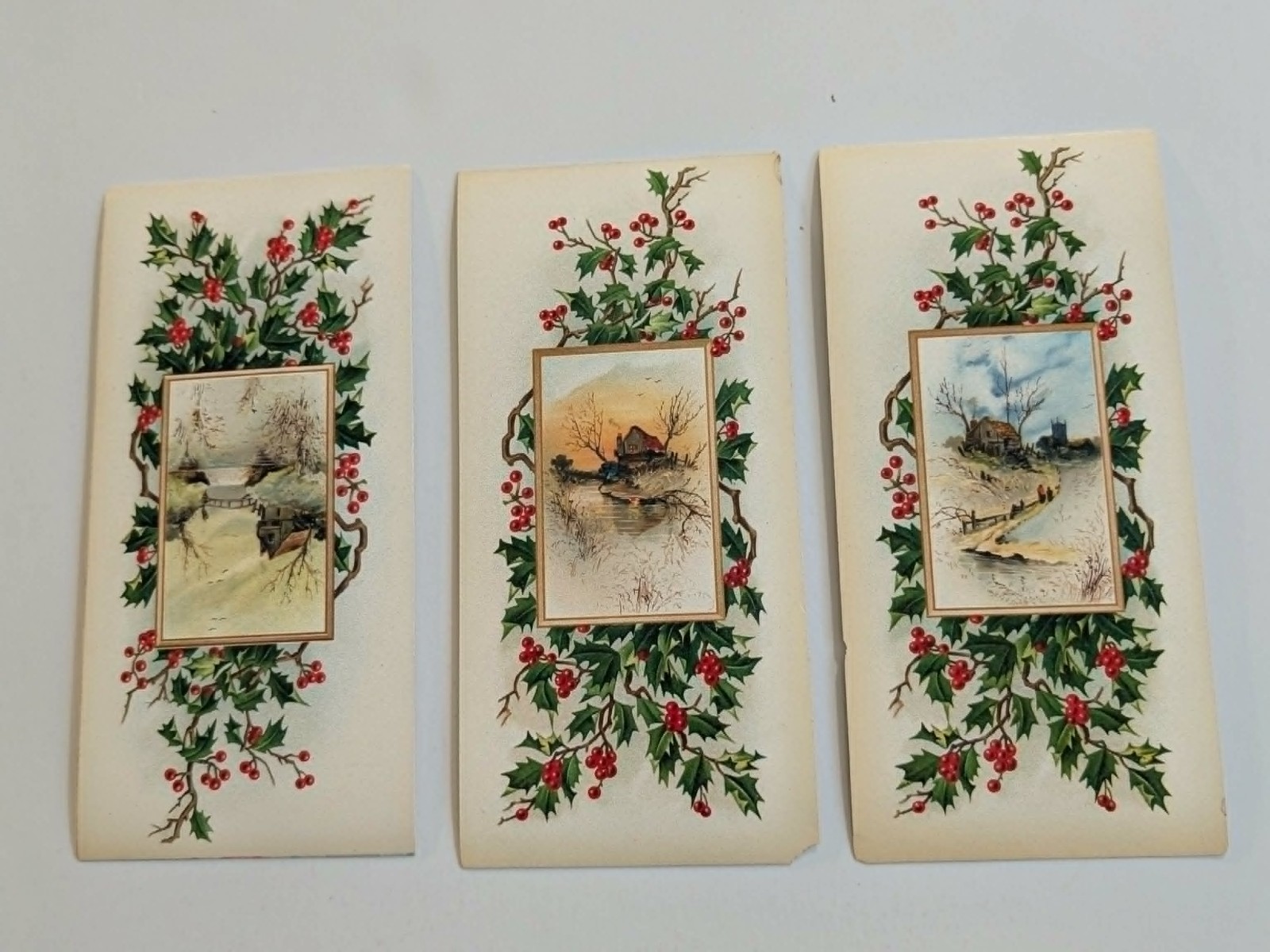 3 Antique Christmas Box Cover Panels Holly Winter Landscapes Chromolith c1900