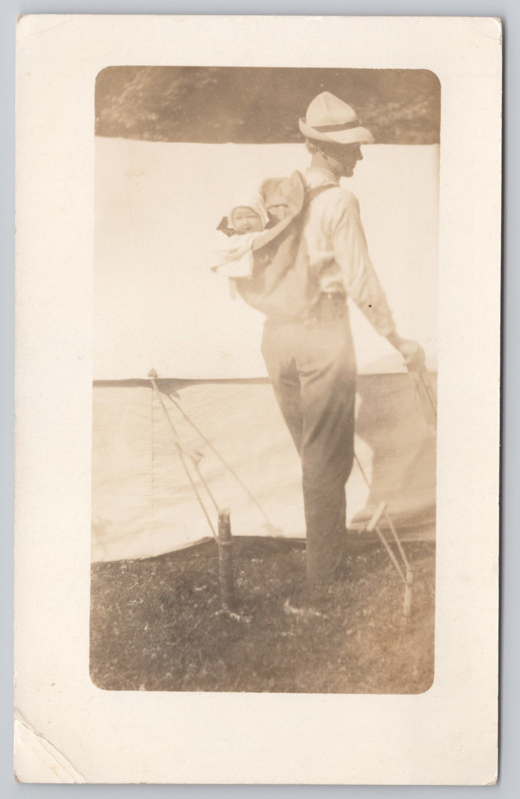 Father Carrying Baby in Backpack Camping RPPC Cannon Lake Minnesota Dows Iowa