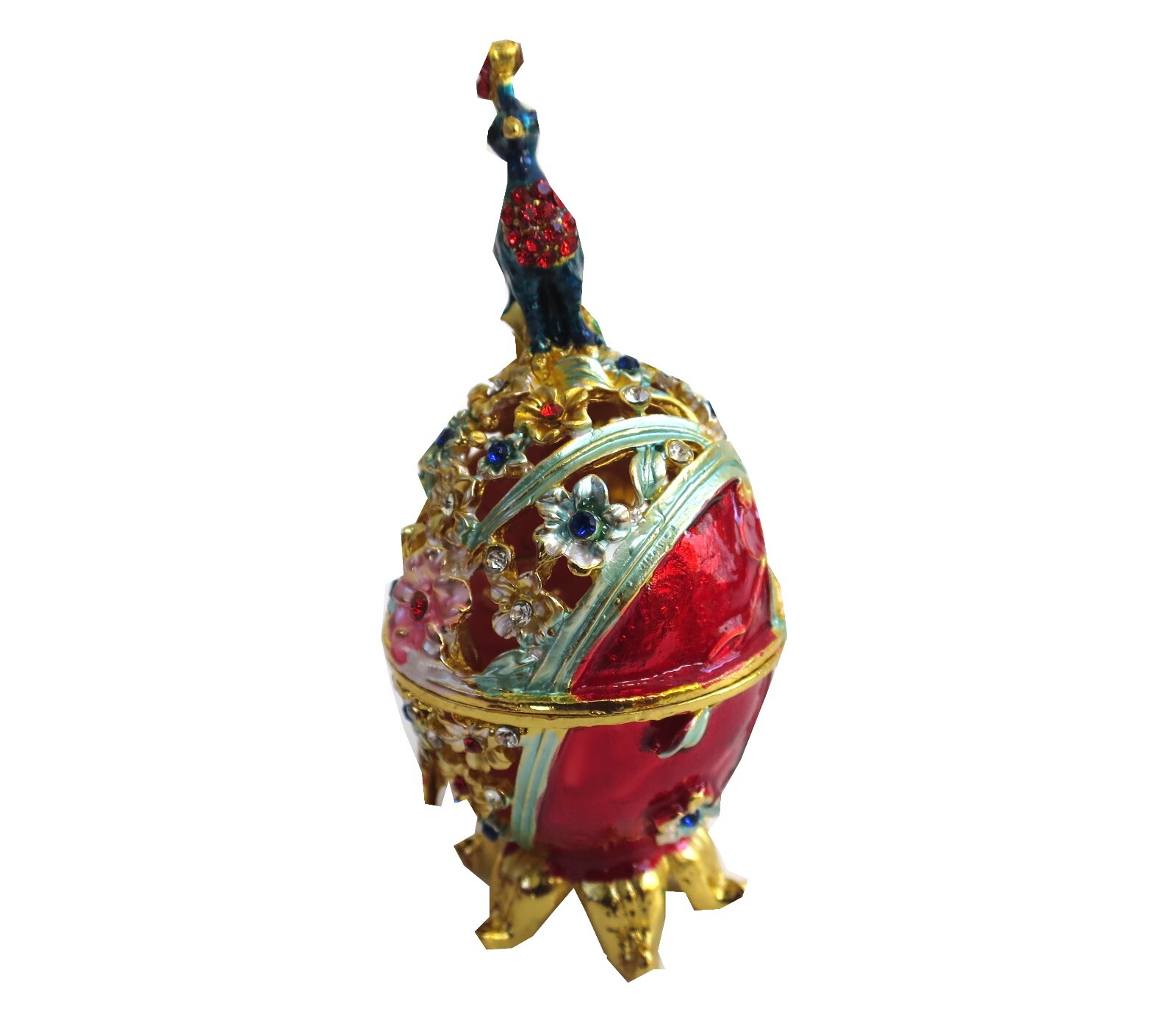Bejeweled ” Peacock on Faberge Egg ” Hinged Metal Enamel trinket Box