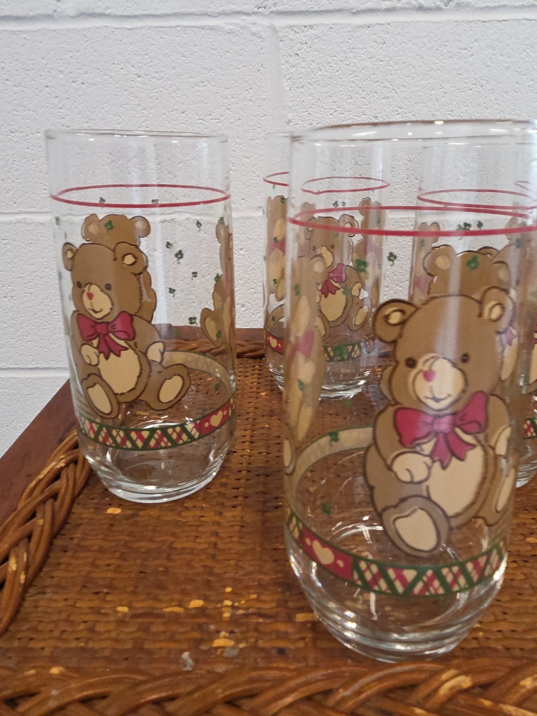 LIBBEY Brown TEDDY BEAR Red RIBBON BOW Heart 16oz Glass TUMBLER Vintage (4 Avail