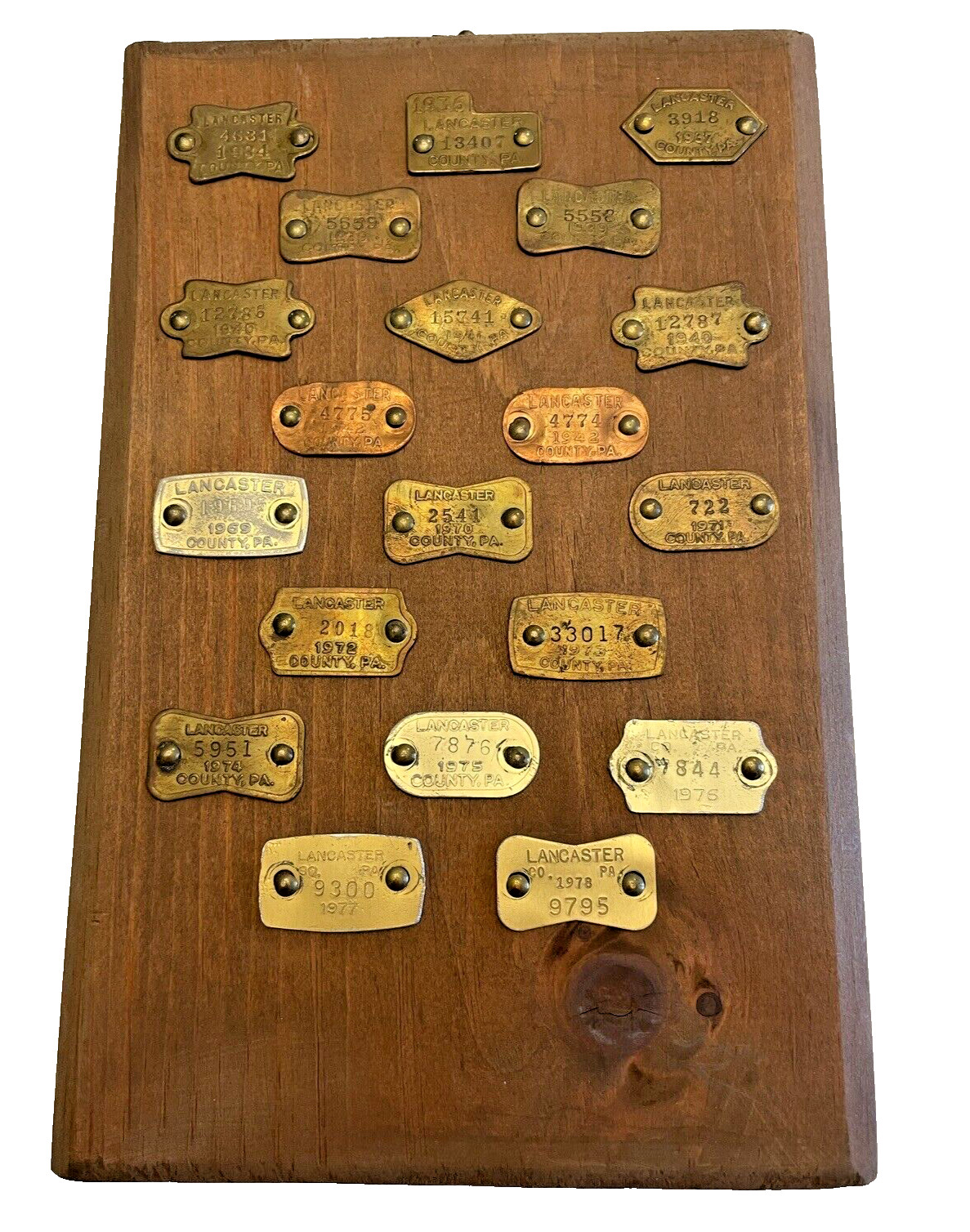 Dog Tags 20 Vintage 1930s – 1970s Lancaster Pennsylvania PA on Wood Board