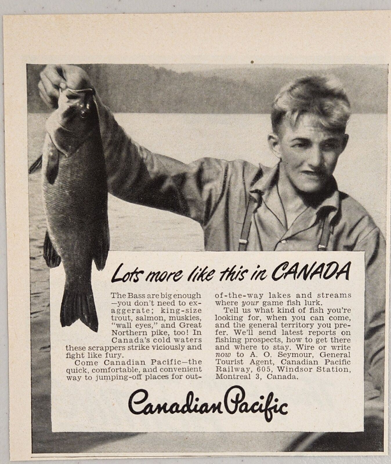 1947 Print Ad Canadian Pacific Railway Fishing Young Man Catches Huge Bass