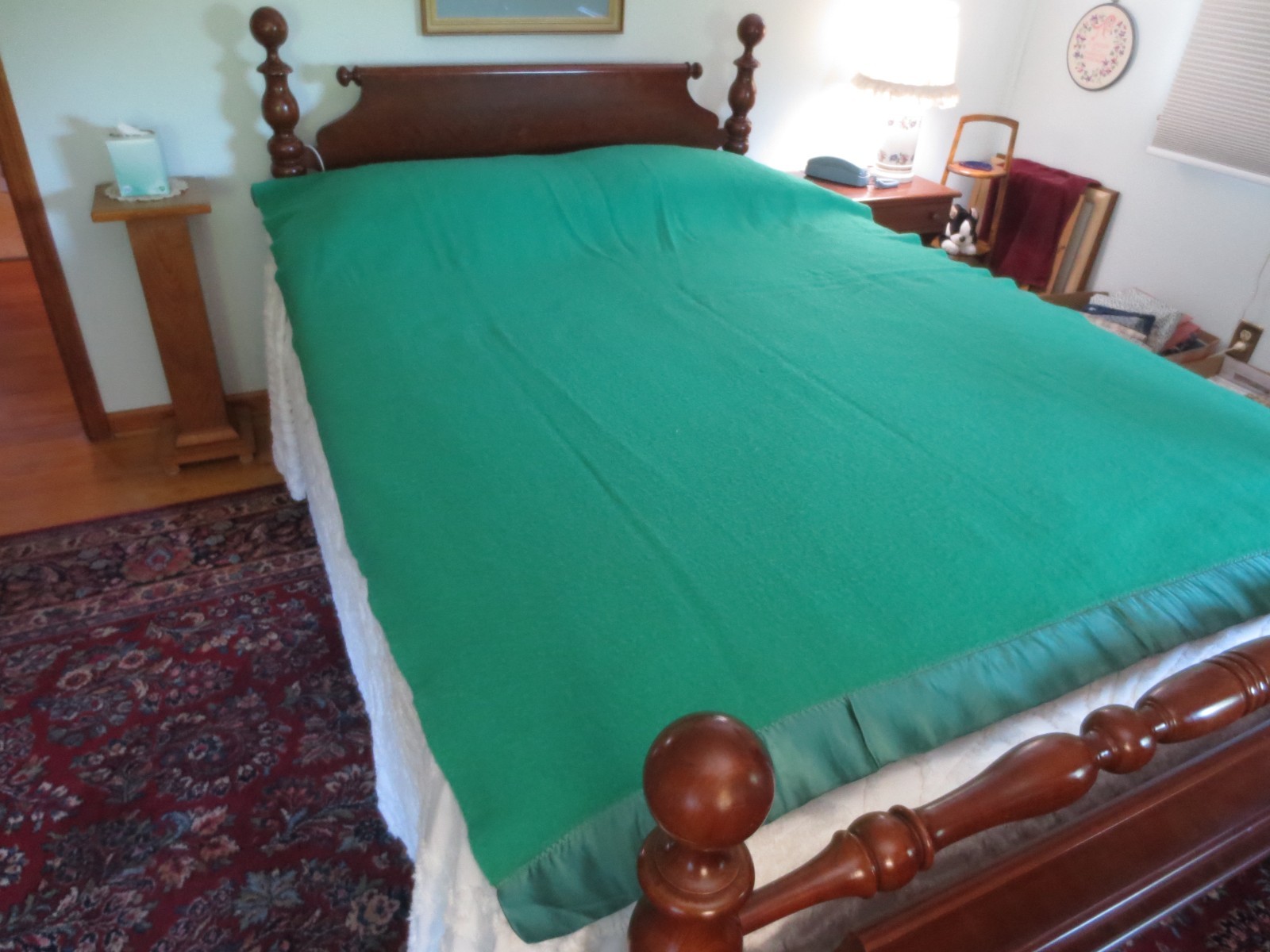 Vtg. Harmony House WASHABLE LAUNDERITE Green WOOL BLANKET – 64″ x 86″