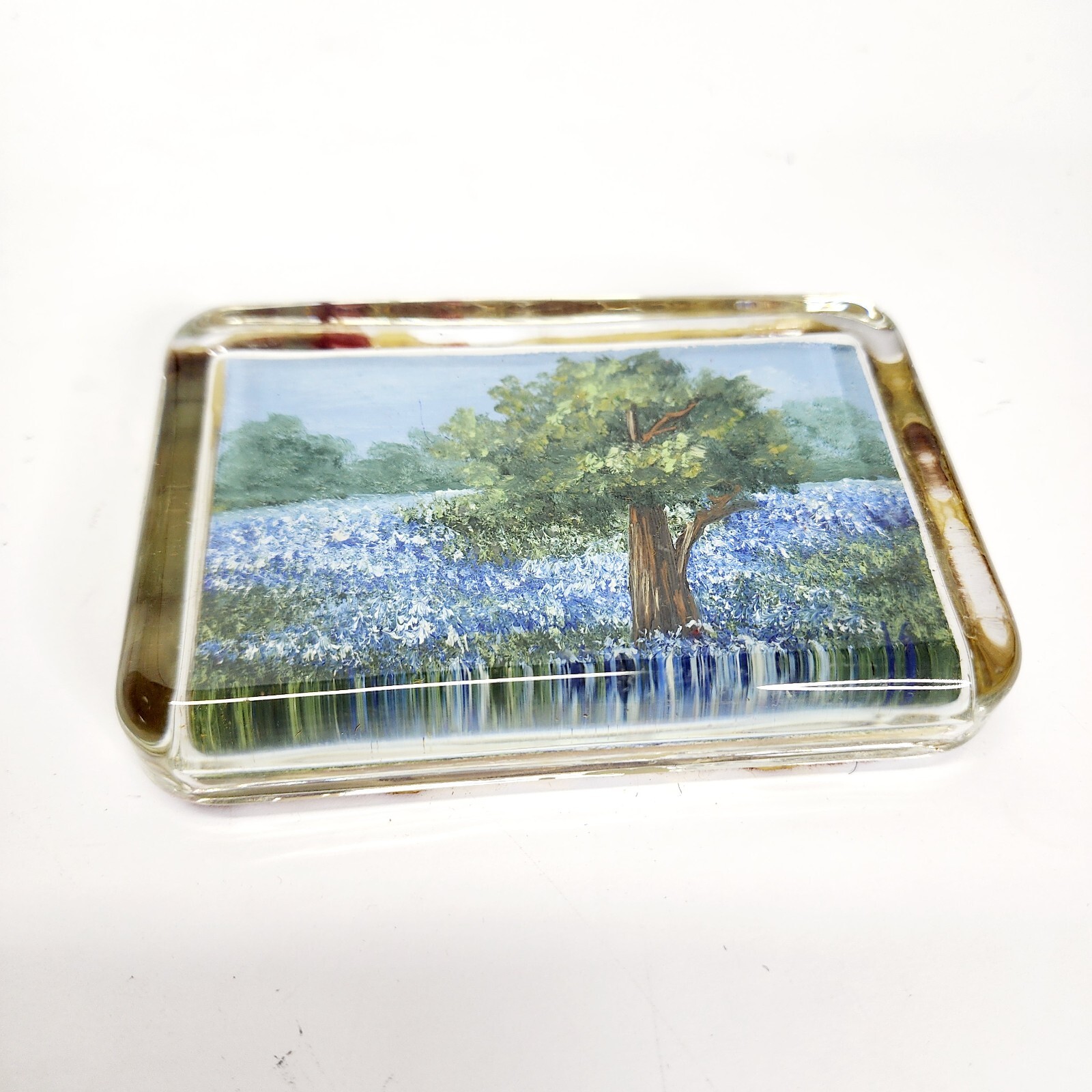 REVERSE PAINTED Wildflower Feild Landscape Flat Glass Paper Weight 1989 Signed