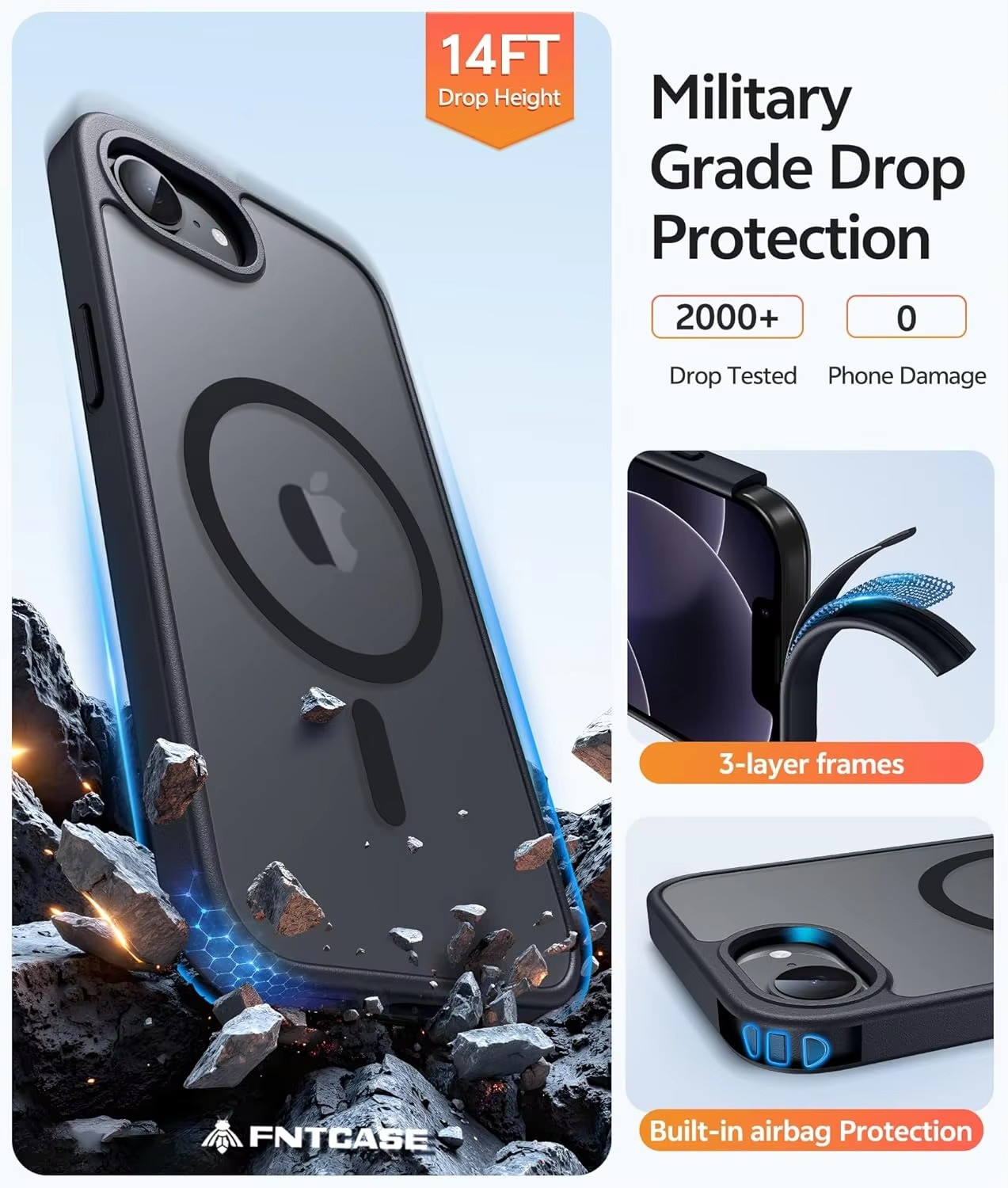 iPhone 16e Magnetic Matte Shockproof Case with Screen Protector Black