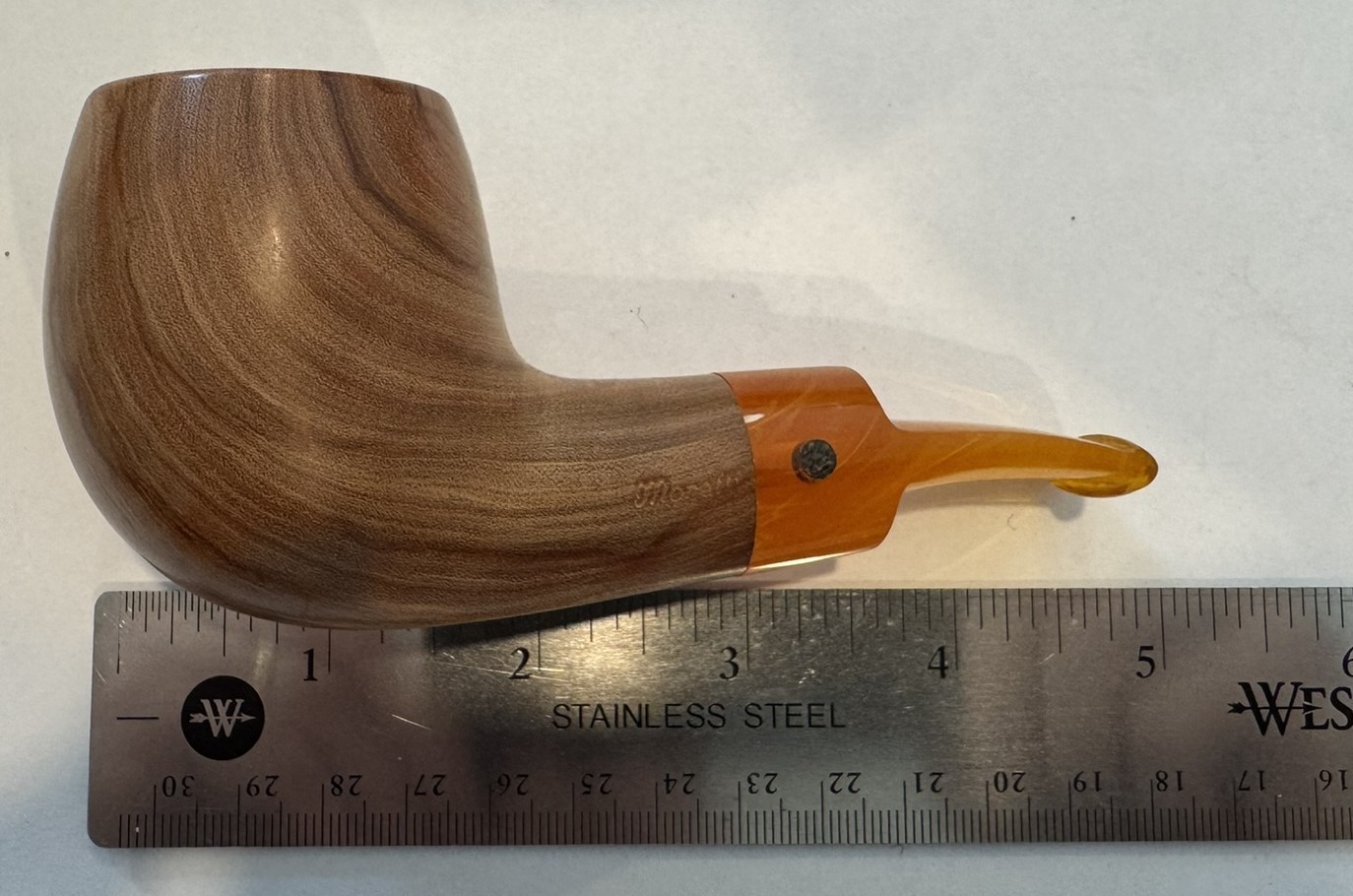 Moretti Bent Freehand Olive Wood Estate Pipe Orange Stem Italy Handmade Pouch