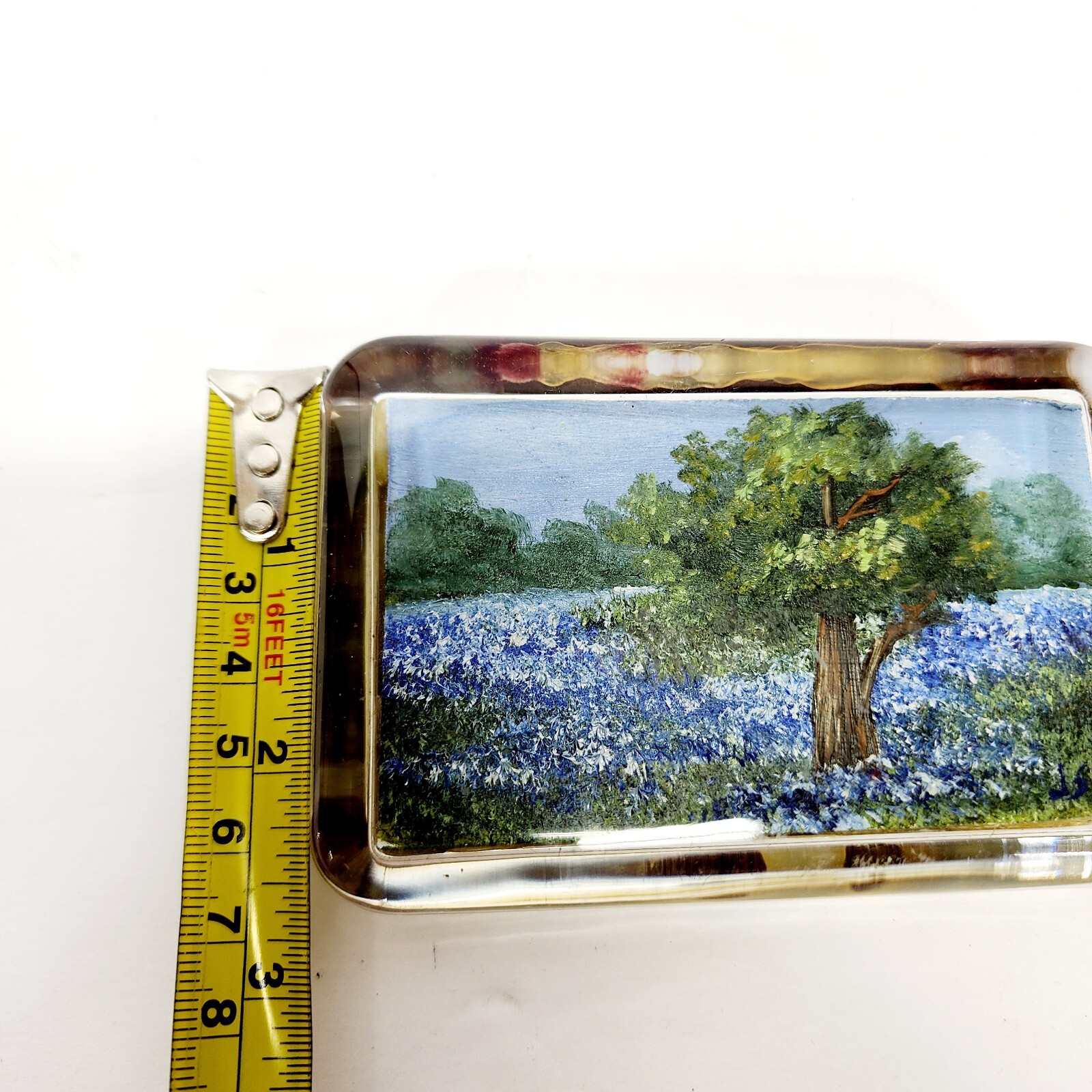 REVERSE PAINTED Wildflower Feild Landscape Flat Glass Paper Weight 1989 Signed