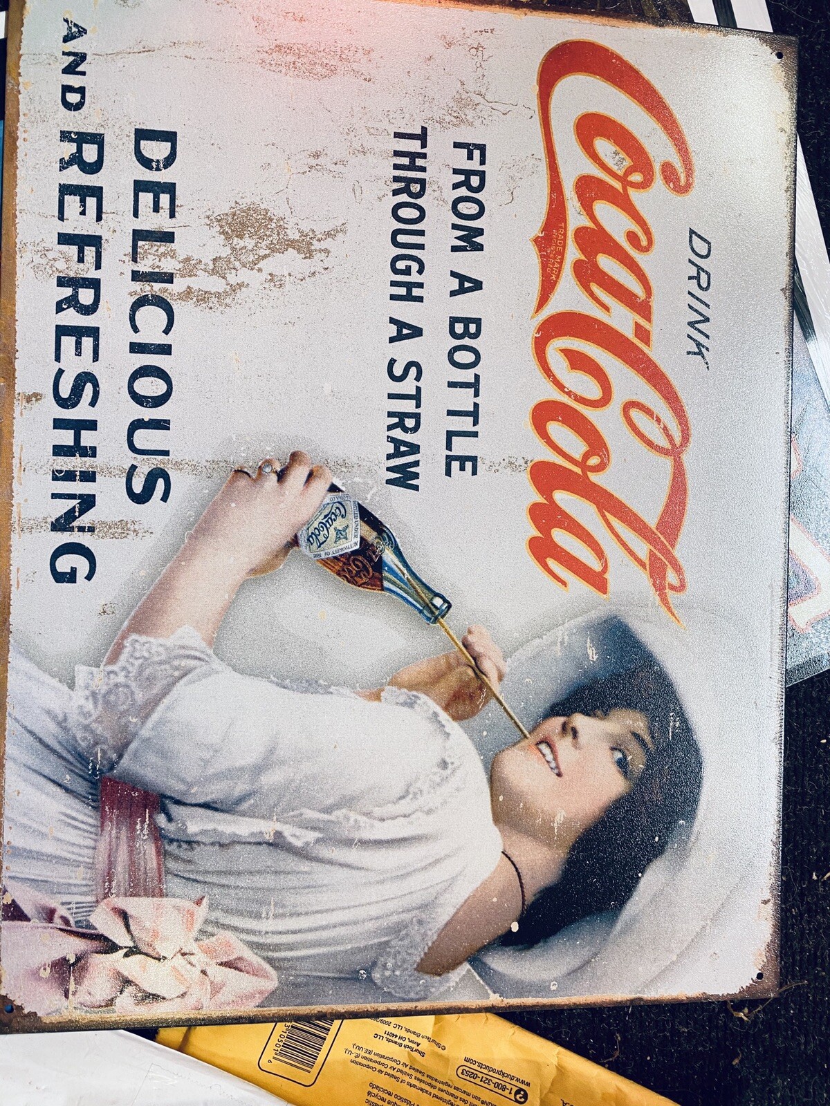 Drink COCA-COLA “From A Bottle Through A Straw” Tin Metal Sign 12×17 New