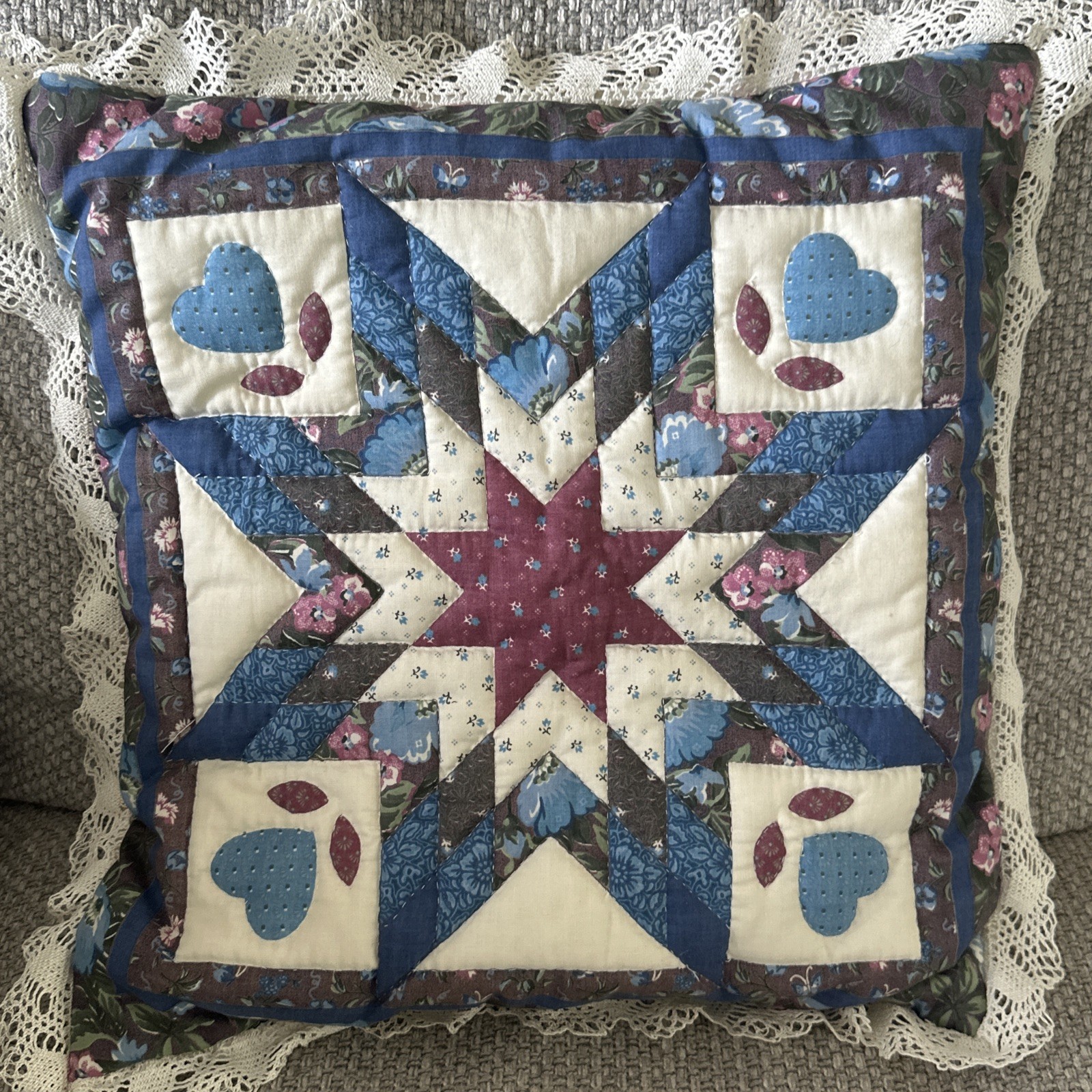 Vintage Stars & Hearts Throw Pillow, Blue Multicolor, Cottagecore Crochet Ruffle