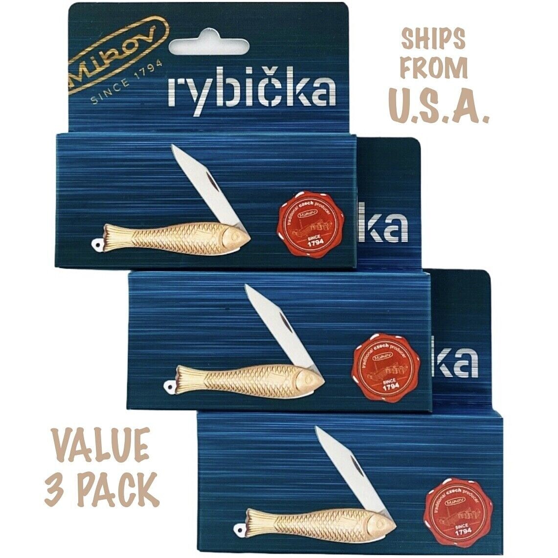 Fish Knife Mikov Bronze Gold Fish Folding Pocket Knife 3pack New