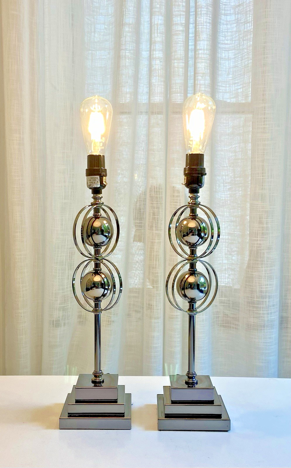 Pair 1970s Postmodern Chrome Orb Table Lamps Gunmetal Art Deco Revival / Modern