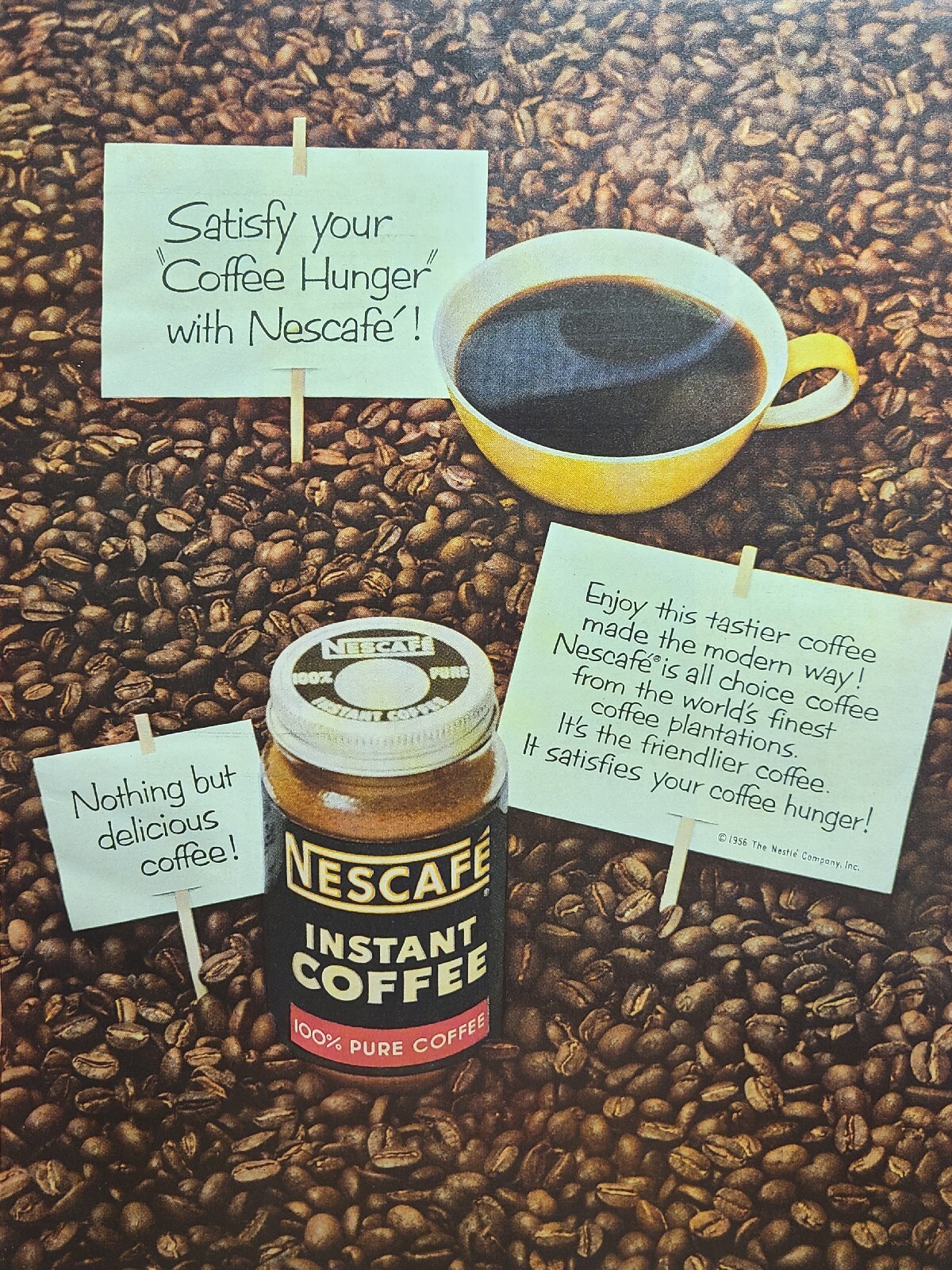 Nescafé 100% Pure Instant Coffee Nestlé Vintage Print Ad 1956