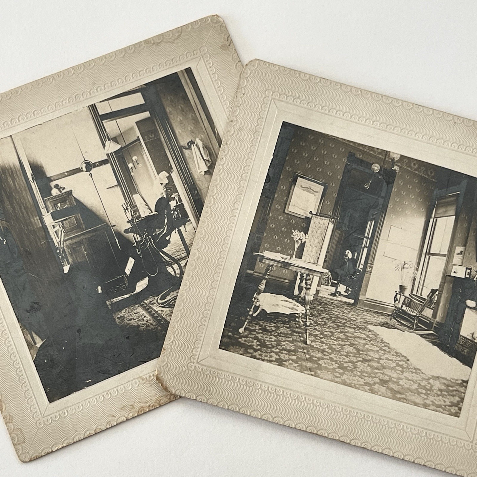 Antique Photograph On Board Inside House Furniture Shaving Chair Barber Interior