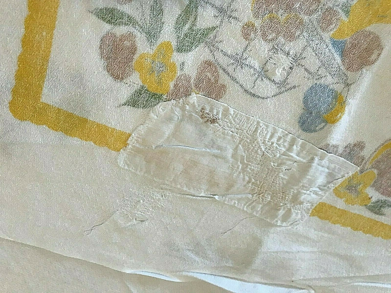 Table Cloth Fruit Basket Pears Apples Grapes Blue Tan Yellow 46″x52″ T52 Vtg