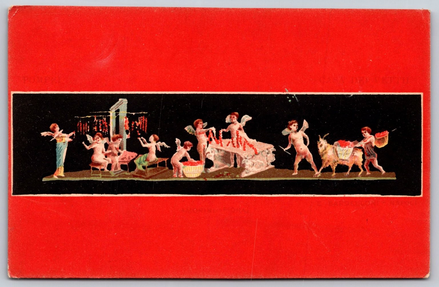 Vintage Italian Cupid Garland Postcard with Red Background A334