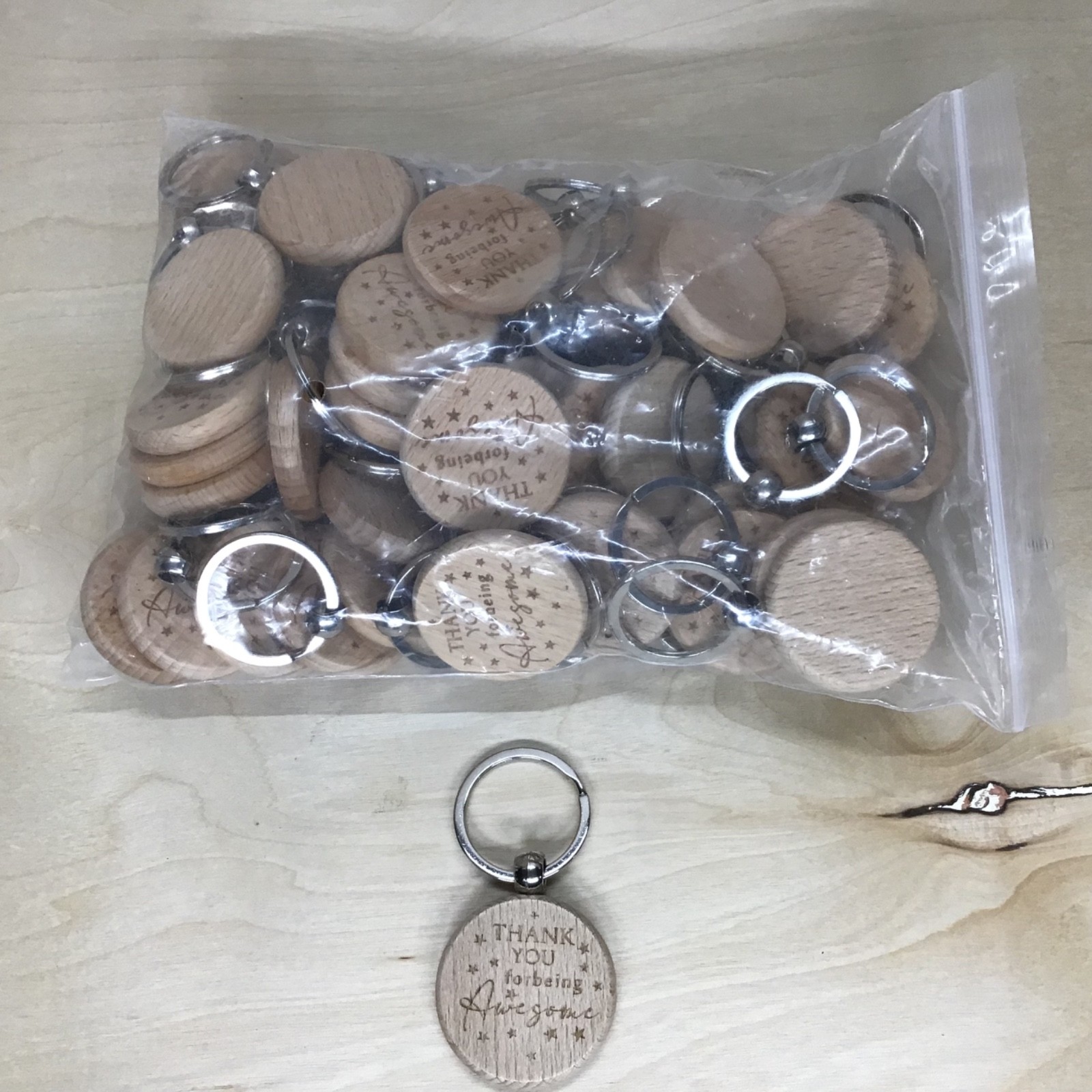 Lot of 50 Pcs Etched Wood w/Metal Ring Keychains- “Thank You For Being Awesome”