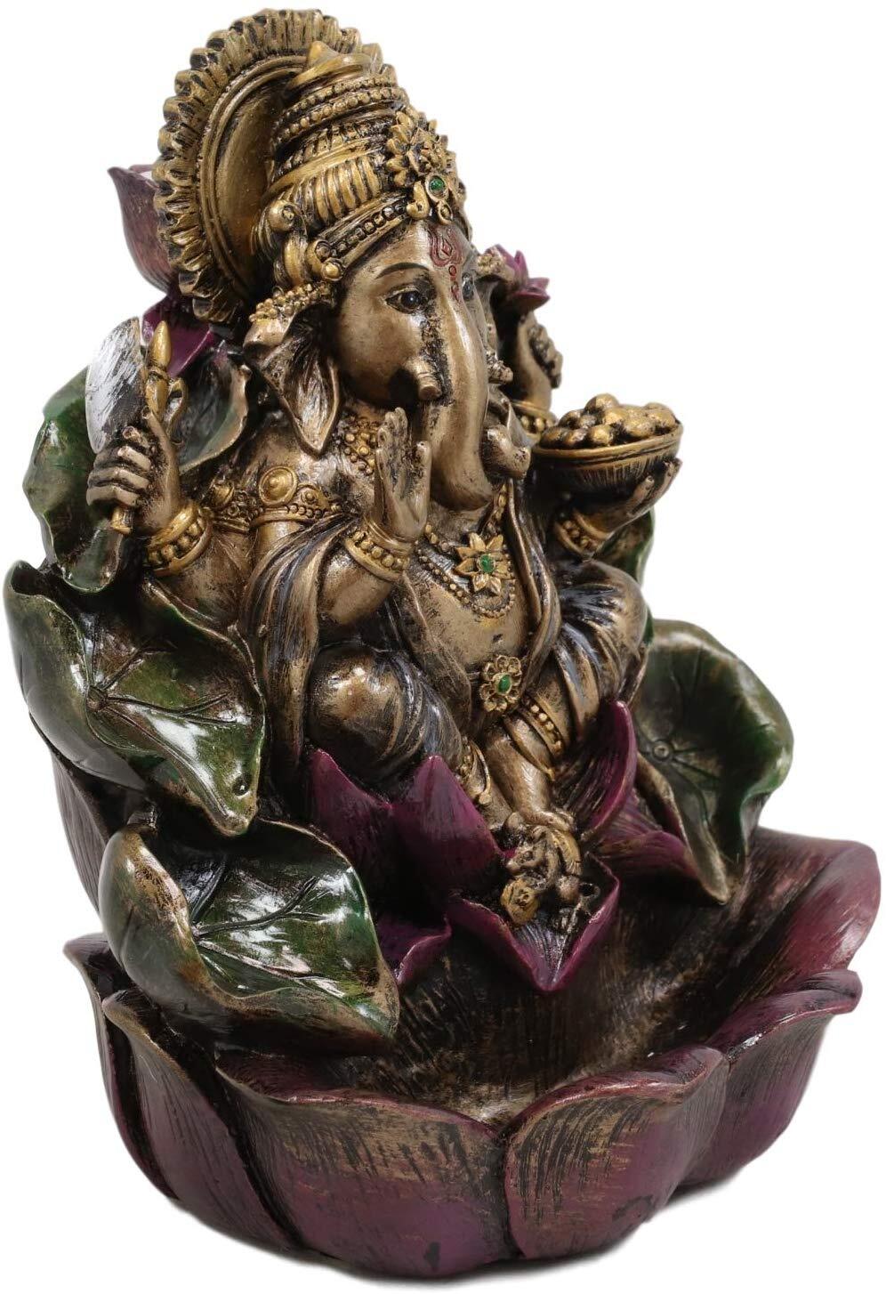 Ebros Hindu Lord Ganesha On Lotus Backflow Cone Incense Burner Statue 6″ Tall