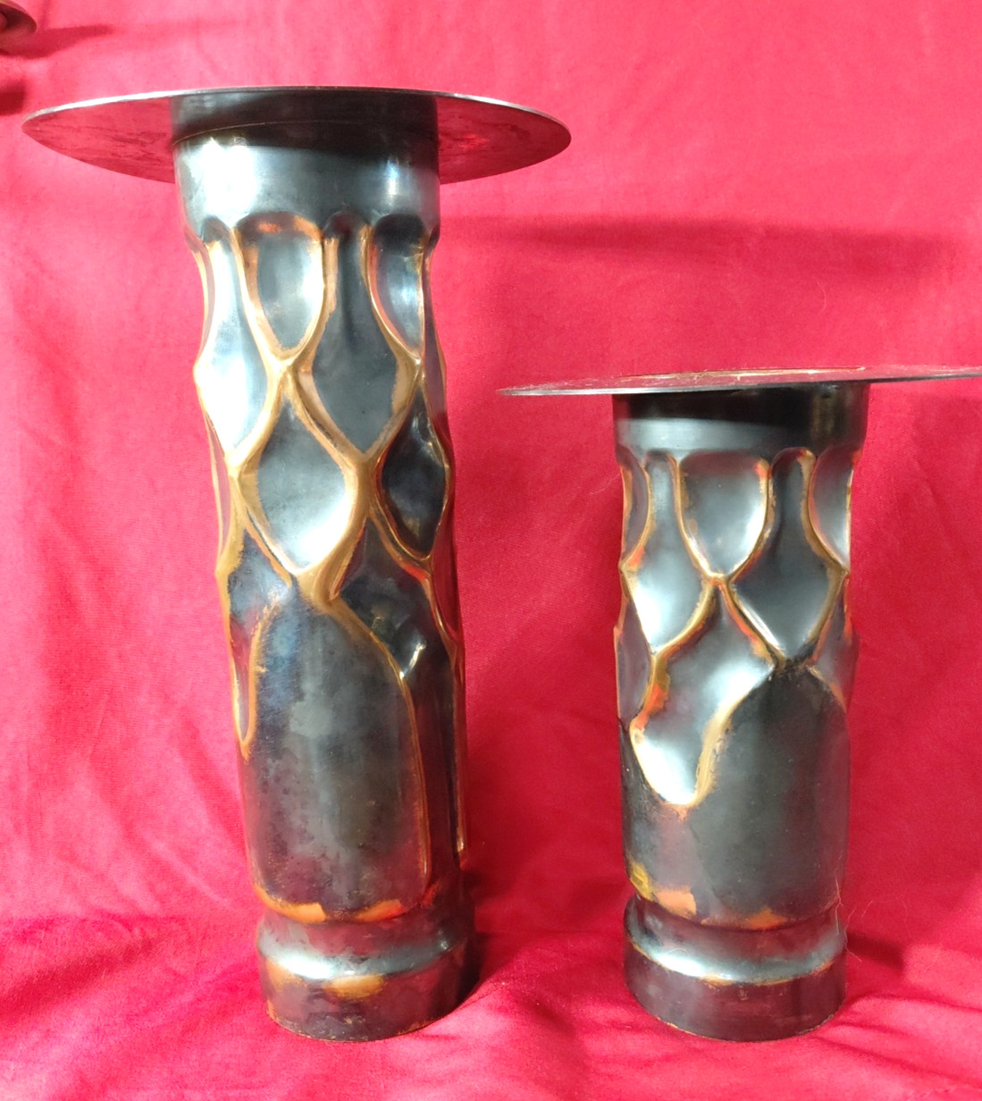 Pair Pillar Candle Holder Mixed Materials Copper Metal & More 9″ & 12″