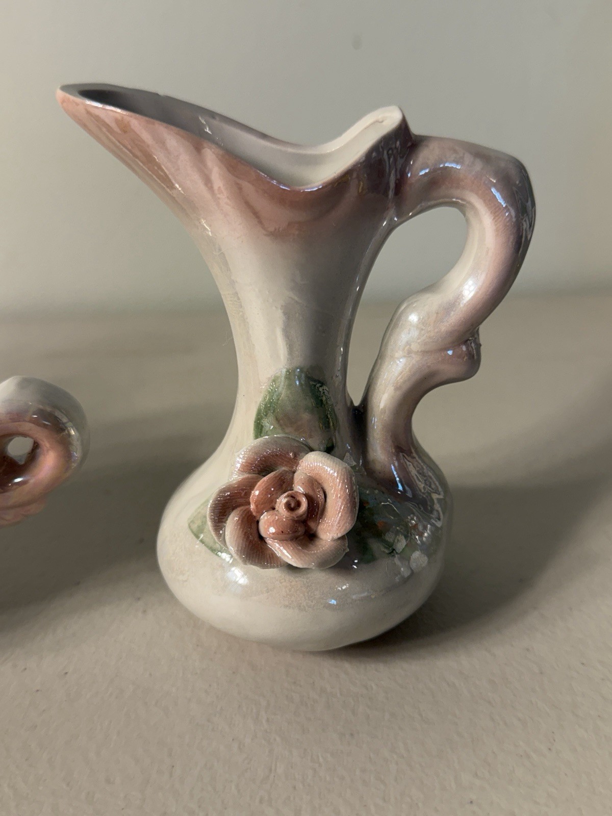 3 Pc Lusterware Decorative Vase Pitcher Glossy Rose Floral Vintage Set