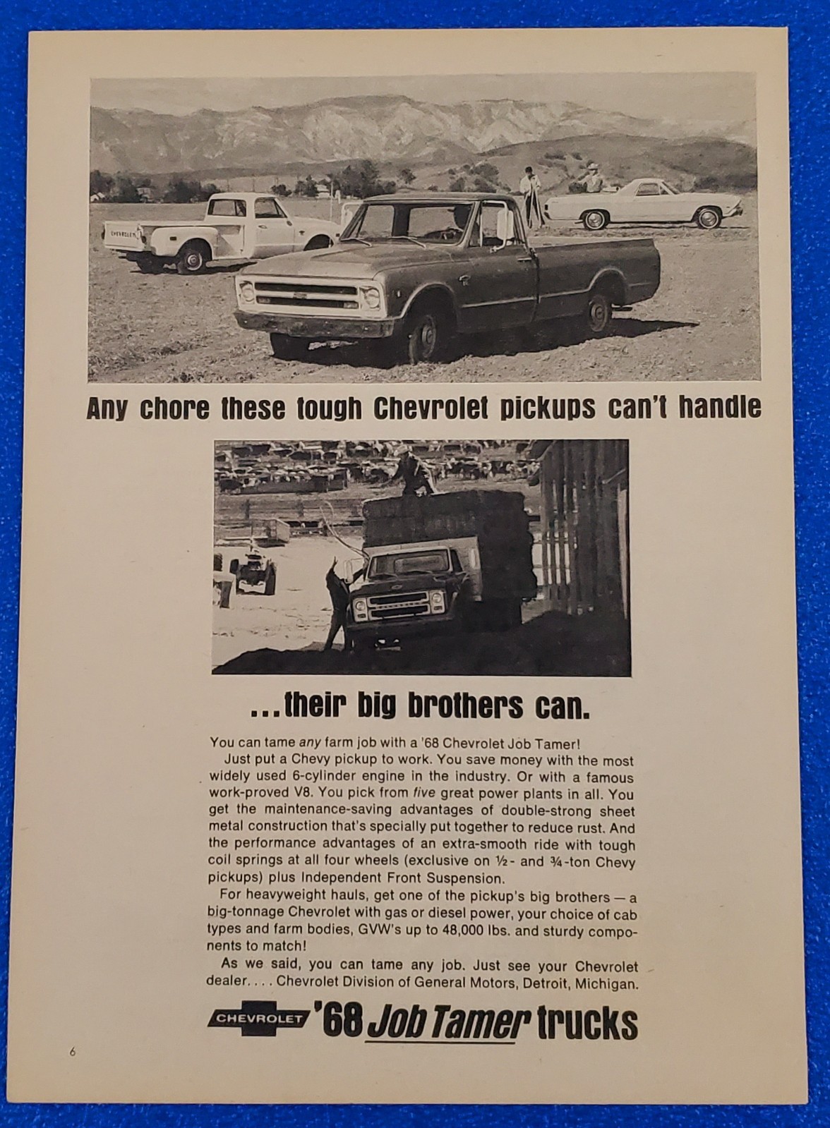 1968 CHEVY TRUCKS ORIGINAL PRINT AD JOB TAMERS CHEVROLET C10 QUALITY/DURABILITY