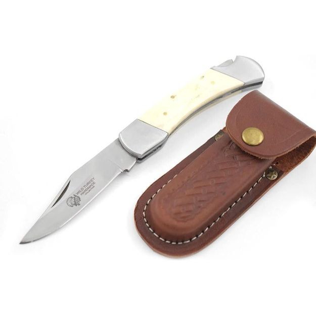 Wild Turkey Handmade Manual Folding Knife w/Bone Handle & Stitched Leather Case